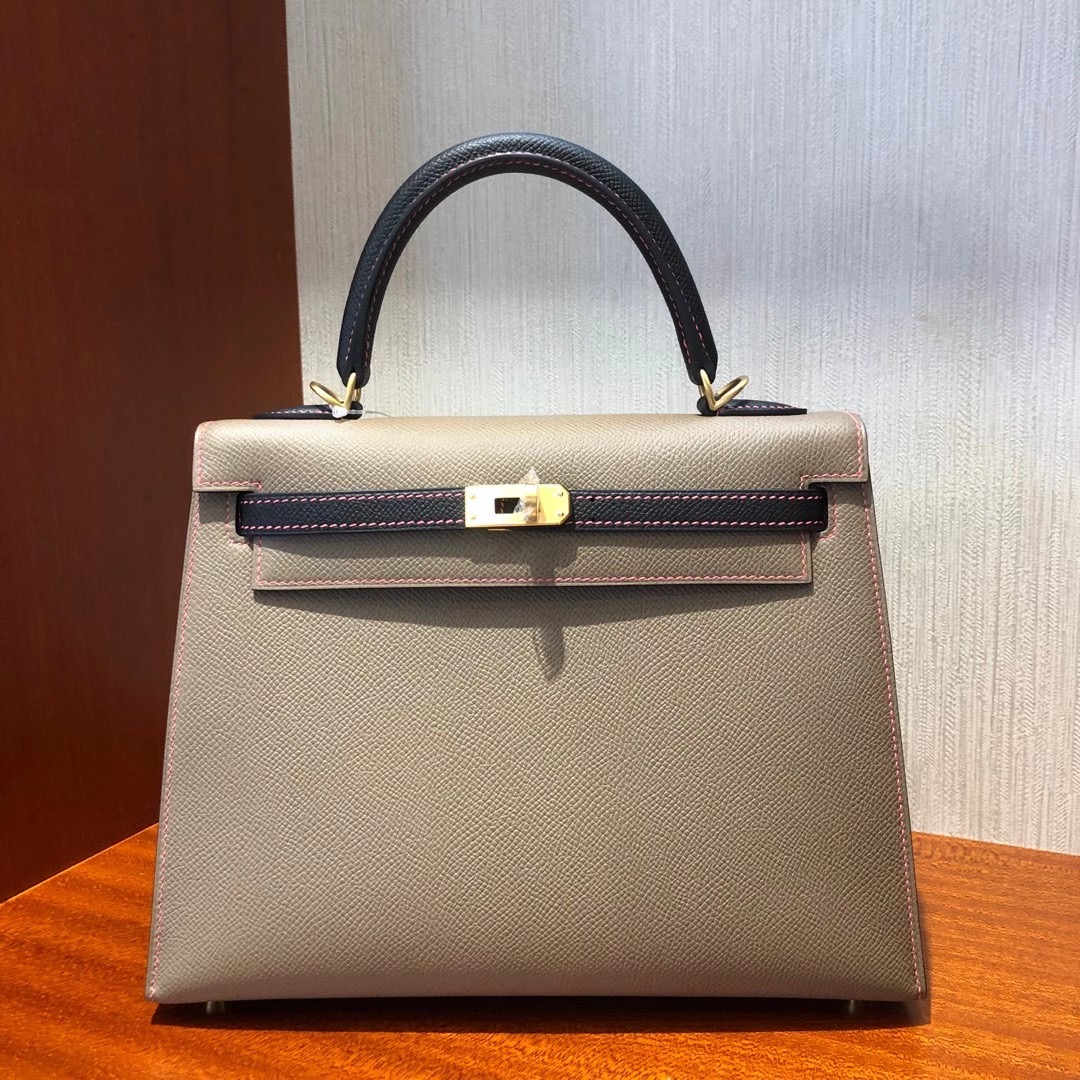 Hermes Kelly 25cm M8瀝青灰拼 黑色 8W新唇膏粉 拉絲金扣馬蹄印