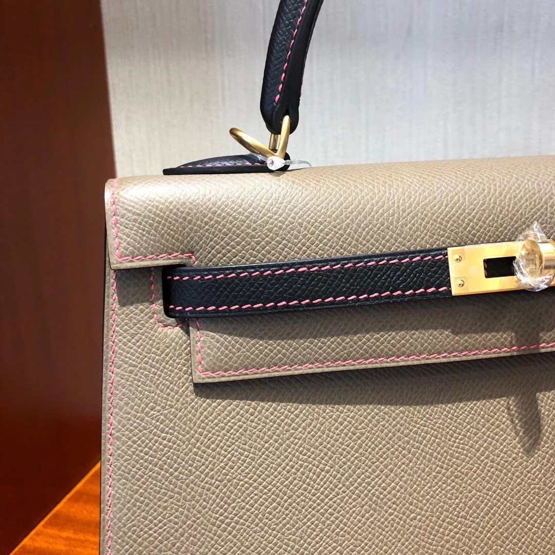 Hermes Kelly 25cm M8瀝青灰拼 黑色 8W新唇膏粉 拉絲金扣馬蹄印