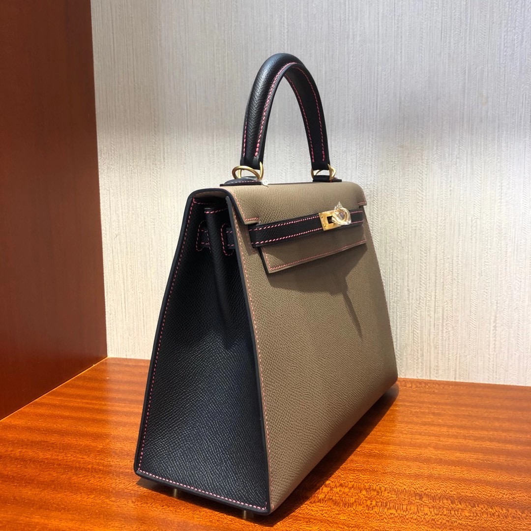 Hermes Kelly 25cm M8瀝青灰拼 黑色 8W新唇膏粉 拉絲金扣馬蹄印