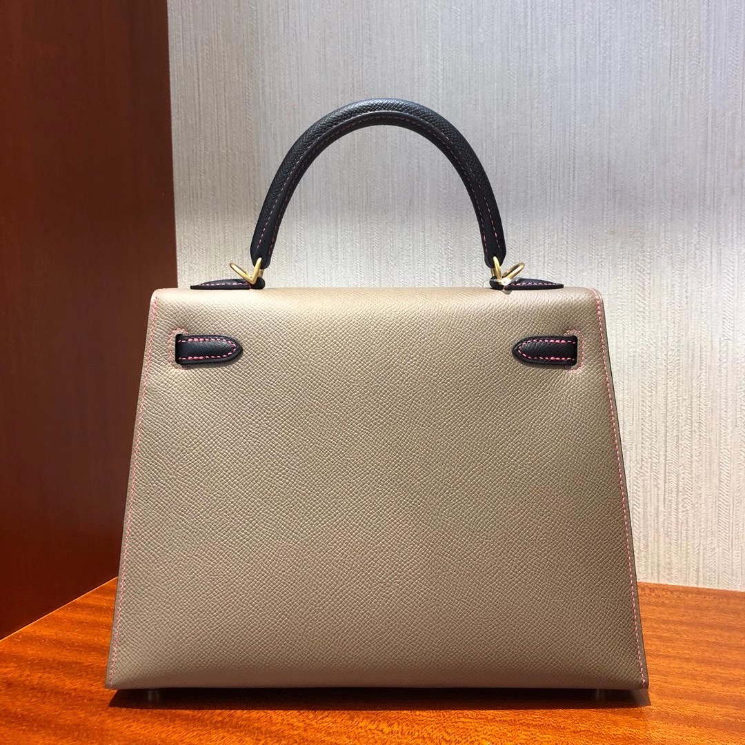 Hermes Kelly 25cm M8瀝青灰拼 黑色 8W新唇膏粉 拉絲金扣馬蹄印