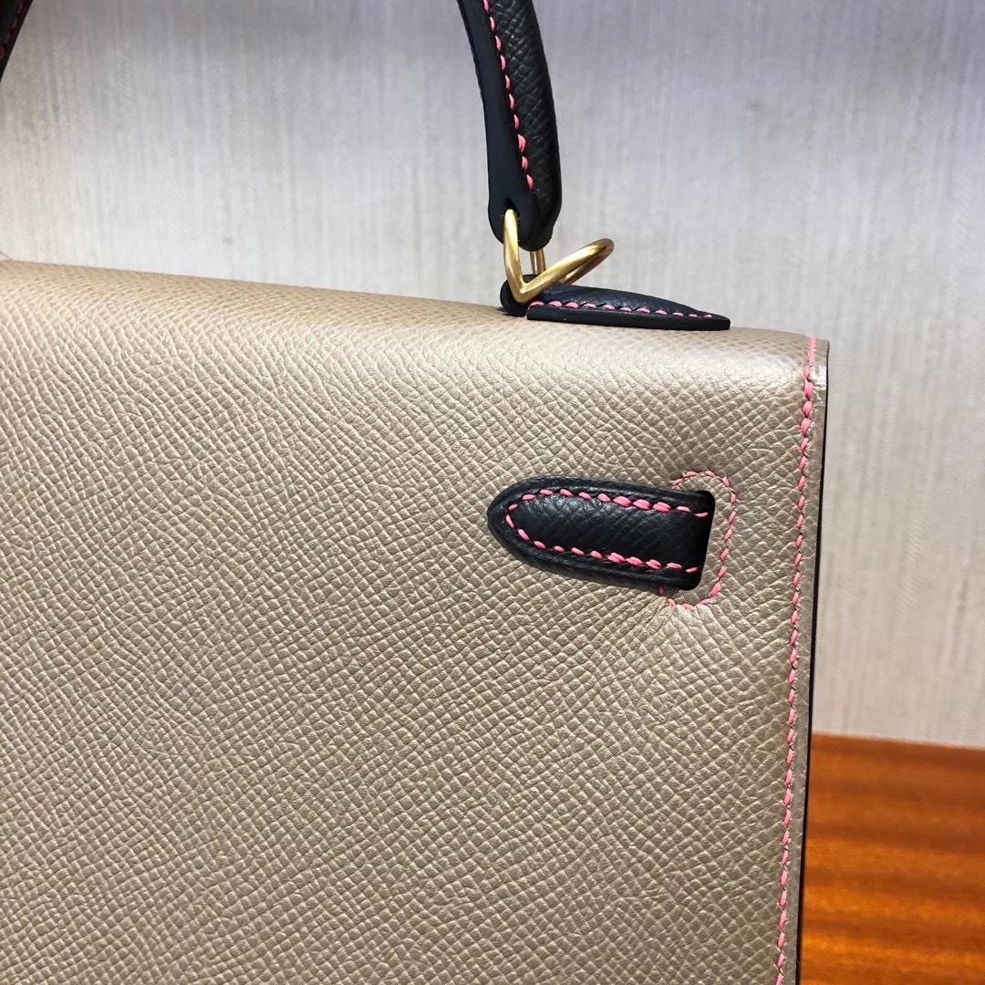 Hermes Kelly 25cm M8瀝青灰拼 黑色 8W新唇膏粉 拉絲金扣馬蹄印