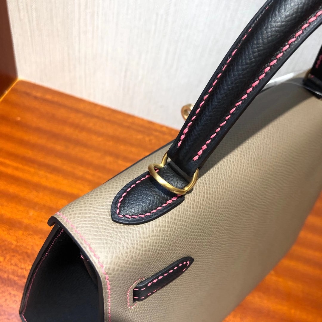 Hermes Kelly 25cm M8瀝青灰拼 黑色 8W新唇膏粉 拉絲金扣馬蹄印