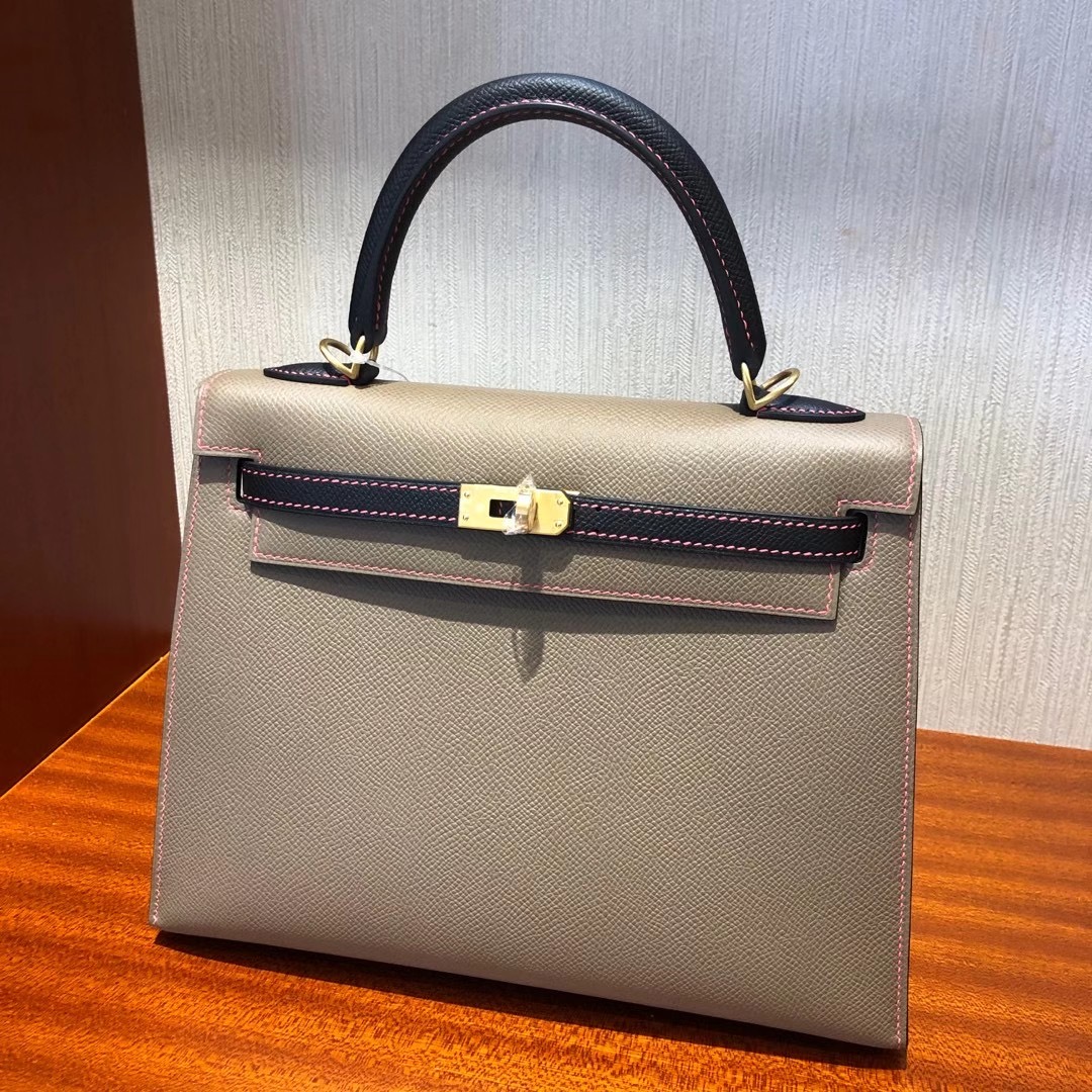 Hermes Kelly 25cm M8瀝青灰拼 黑色 8W新唇膏粉 拉絲金扣馬蹄印