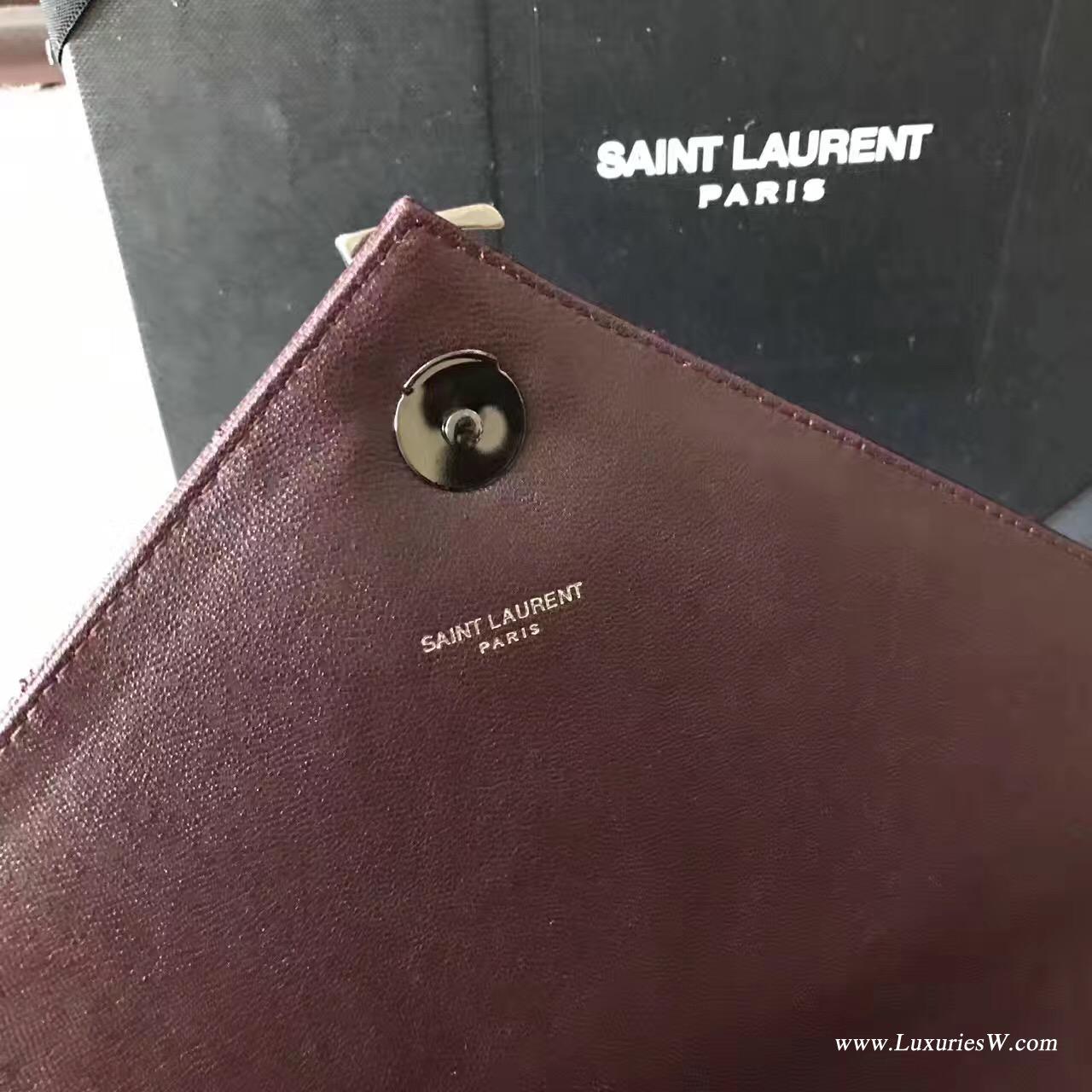 YSL聖羅蘭 經典SAINT LAURENT酒红色真皮手提包帶金屬鏈