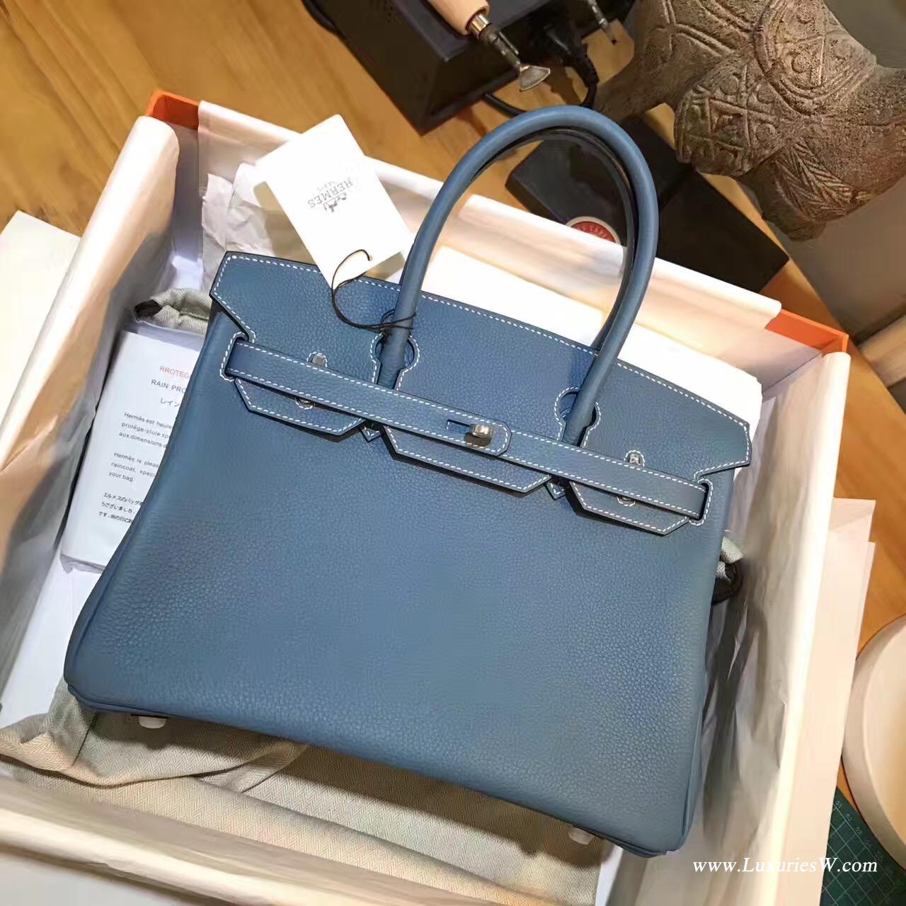 愛馬仕Hermes Birkin 30 togo CK75 Blue Jean牛仔藍白色線