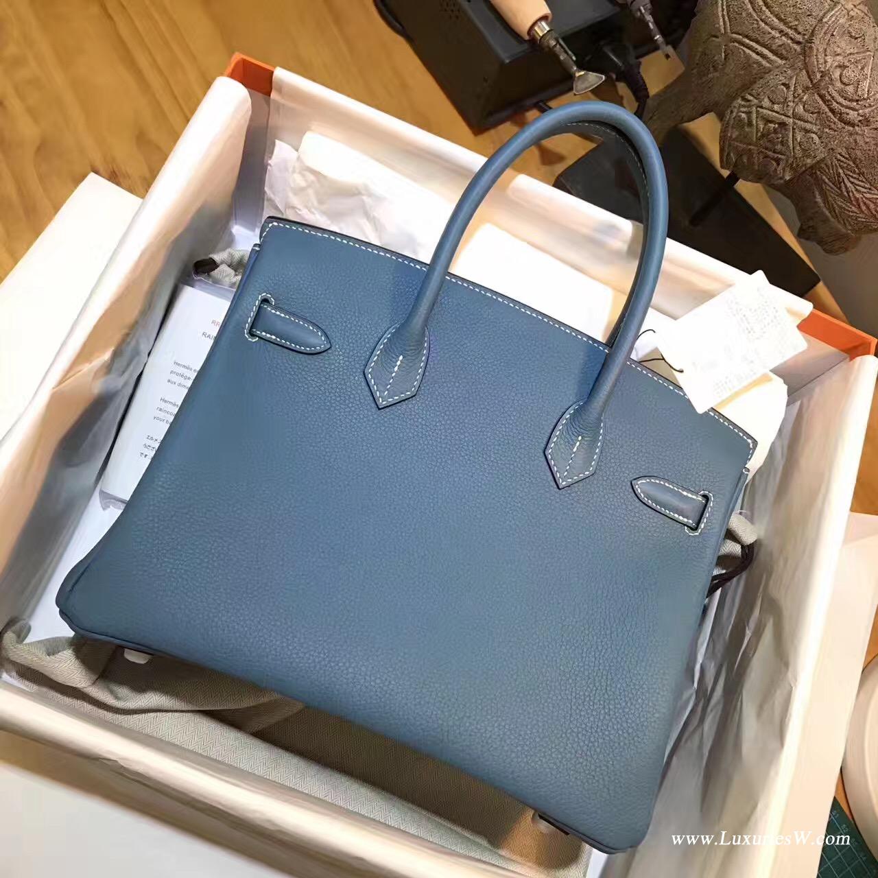 愛馬仕Hermes Birkin 30 togo CK75 Blue Jean牛仔藍白色線