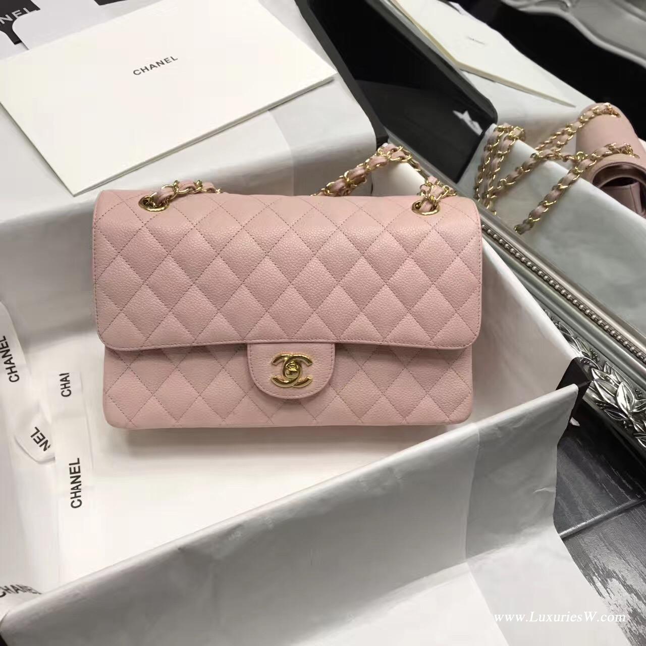 小香Classic Flap Bag A01112菱格鏈條經典口蓋包 粉色魚子醬金色