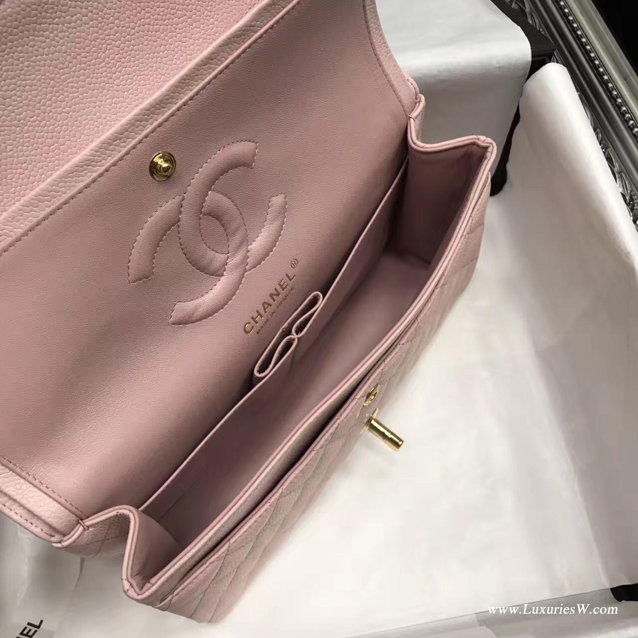 小香Classic Flap Bag A01112菱格鏈條經典口蓋包 粉色魚子醬金色