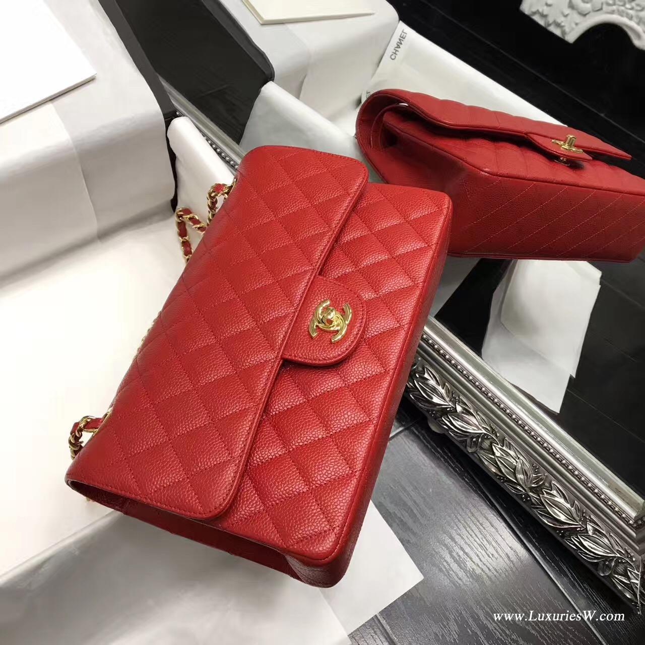 小香Classic Flap Bag A01112菱格鏈條經典口蓋包 红色 魚子醬金色