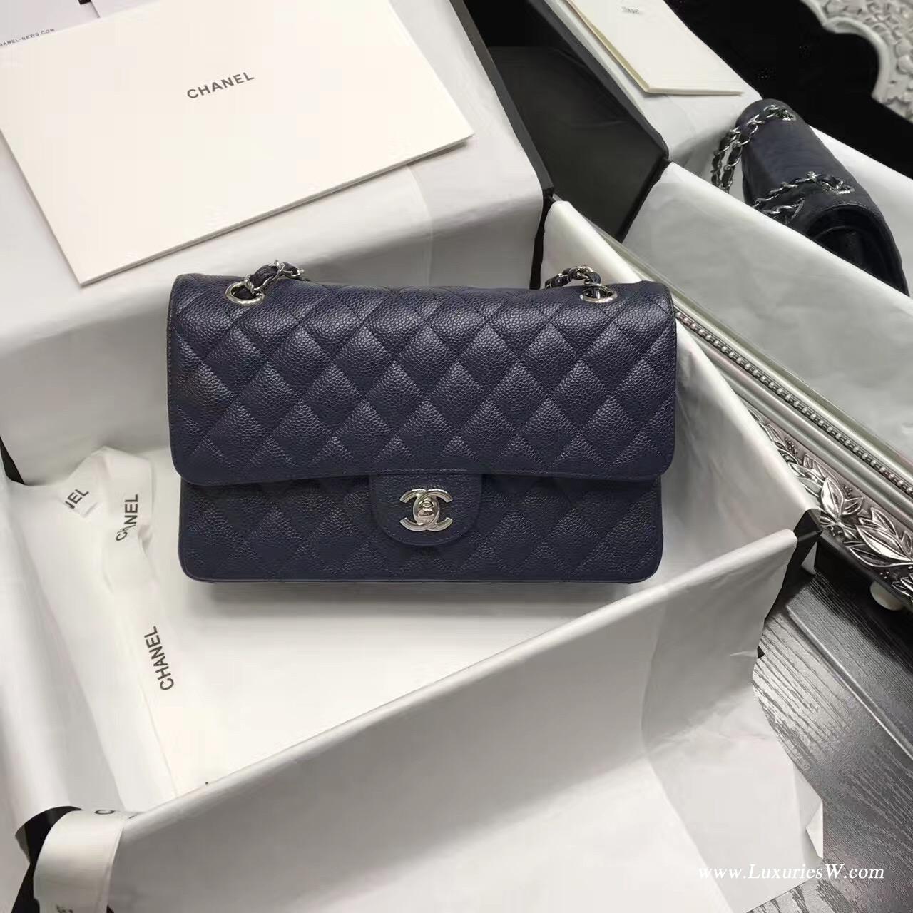 小香Classic Flap bag A01112菱格鏈條經典口蓋包 海军蓝色魚子醬銀色