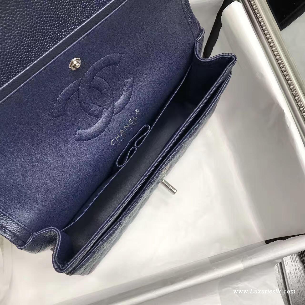 小香Classic Flap bag A01112菱格鏈條經典口蓋包 海军蓝色魚子醬銀色