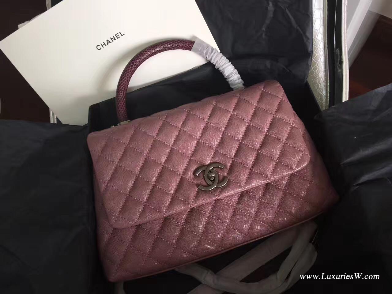 小香復古coco handle bag 中號28cm 豆沙粉配枣红色蜥蜴皮手柄手袋