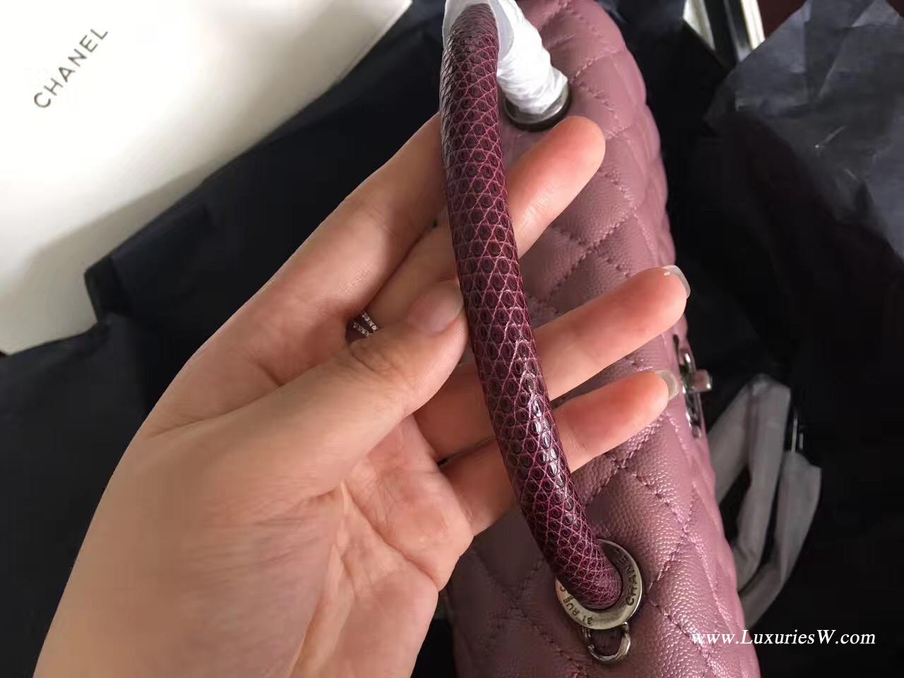 小香復古coco handle bag 中號28cm 豆沙粉配枣红色蜥蜴皮手柄手袋