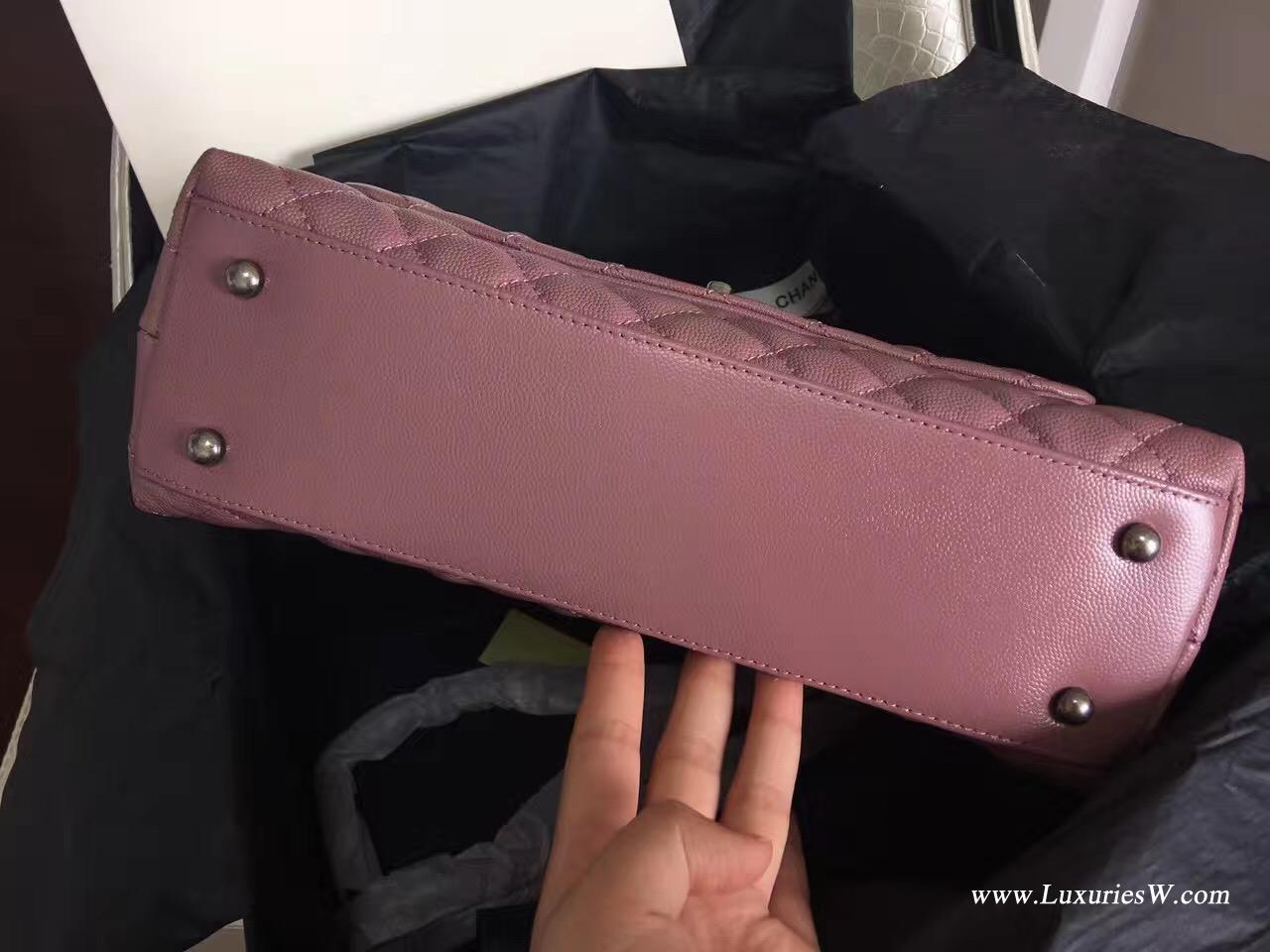 小香復古coco handle bag 中號28cm 豆沙粉配枣红色蜥蜴皮手柄手袋