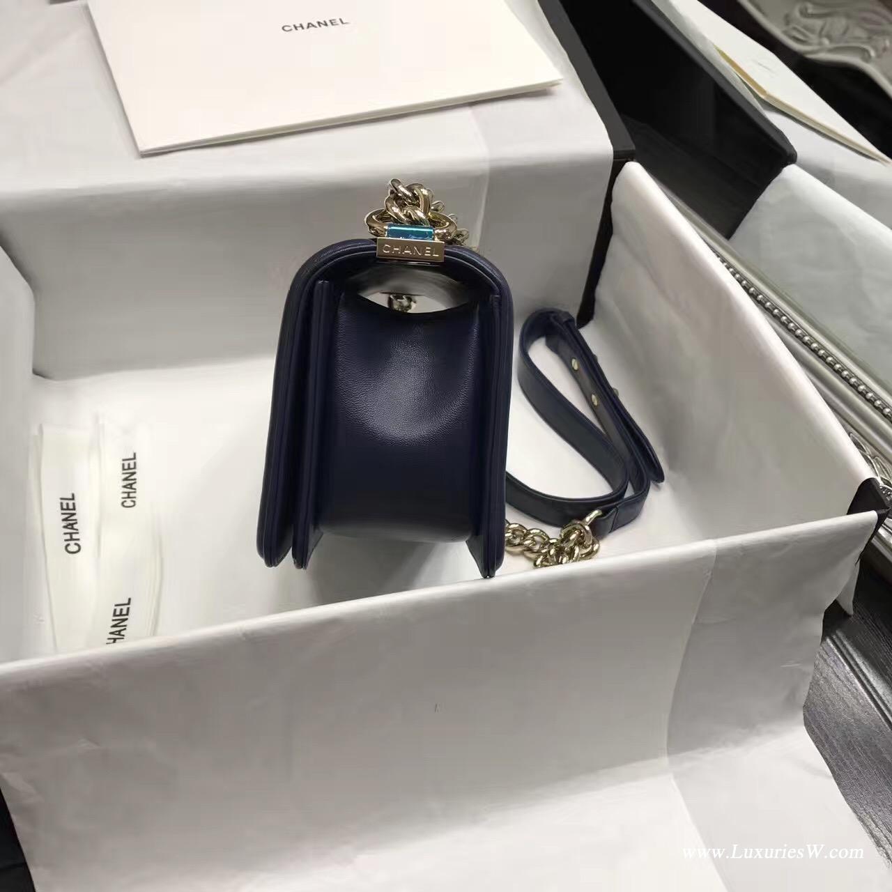 小香le boy bag包包 20cm海军蓝色綿羊皮 V字型繡香檳金金屬