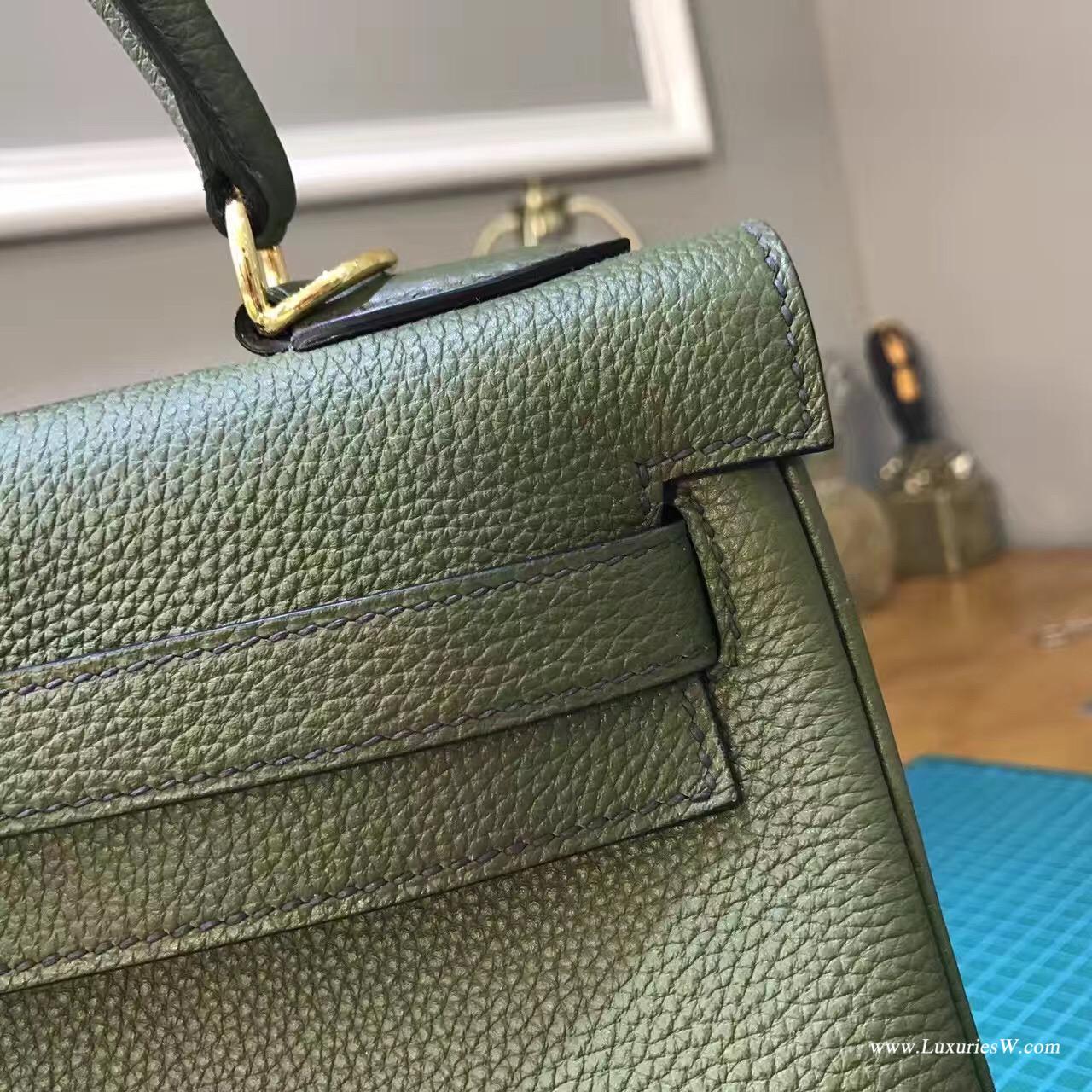 愛馬仕純手縫Hermes Kelly 28 togo V6 Canopee 叢林綠 軍綠色金扣