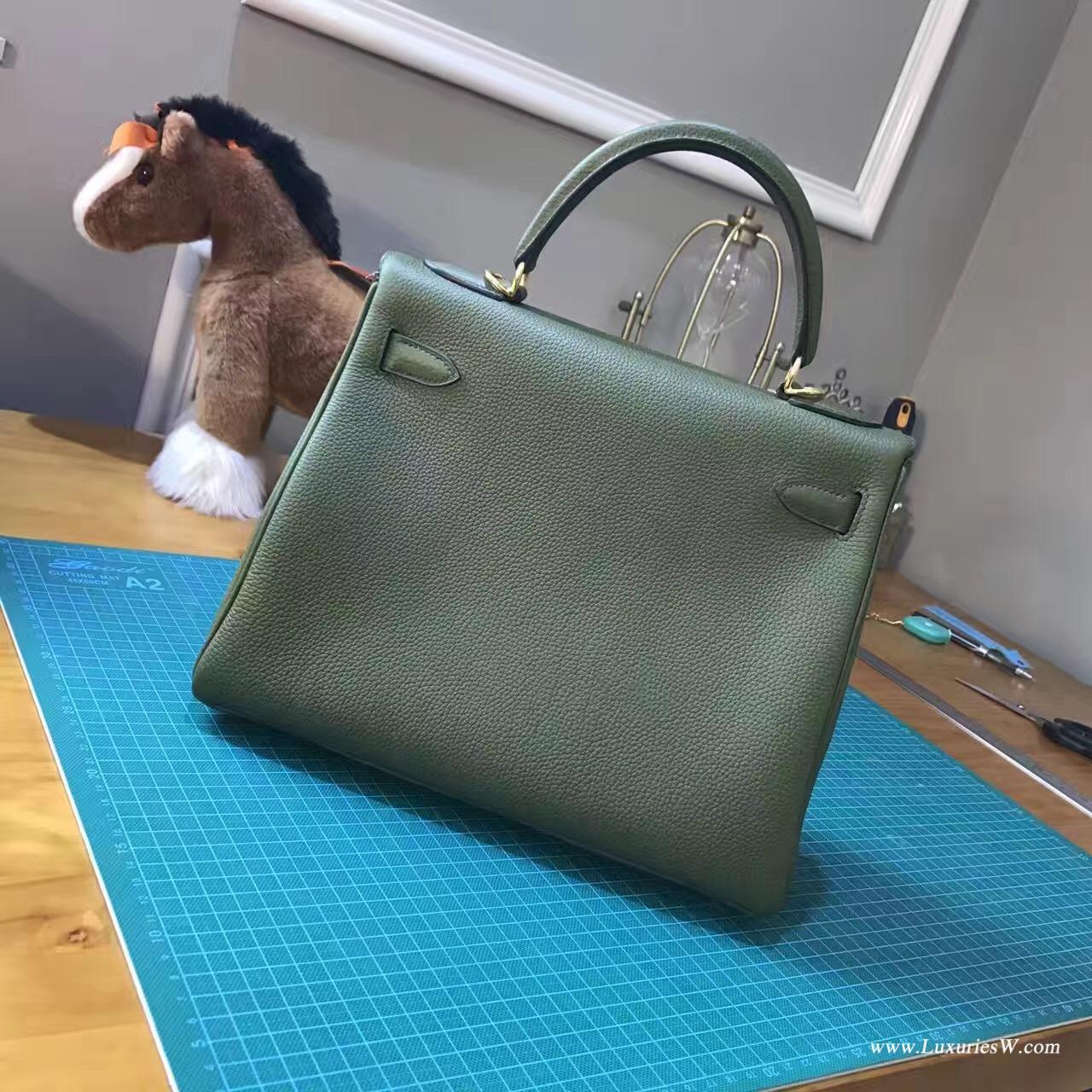 愛馬仕純手縫Hermes Kelly 28 togo V6 Canopee 叢林綠 軍綠色金扣