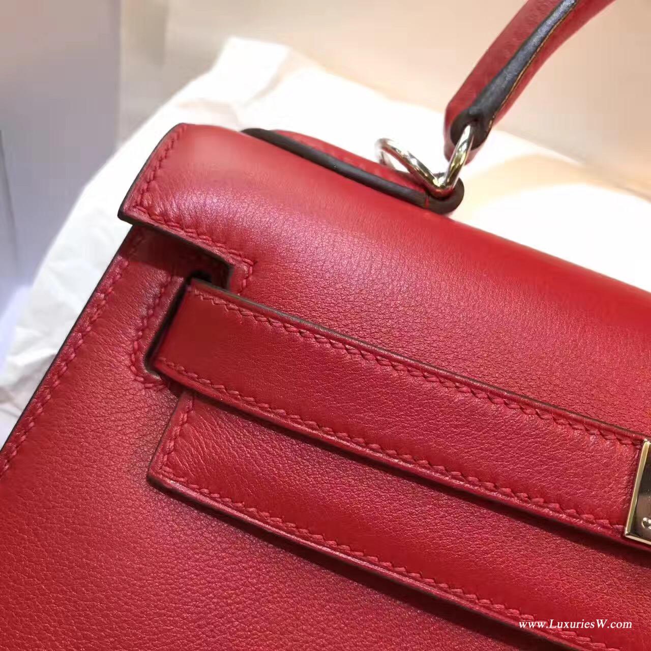 愛馬仕凱莉包Hermes Kelly 28 Evercolor Q5 Rouge Cossacks 中國紅外縫人氣顏色