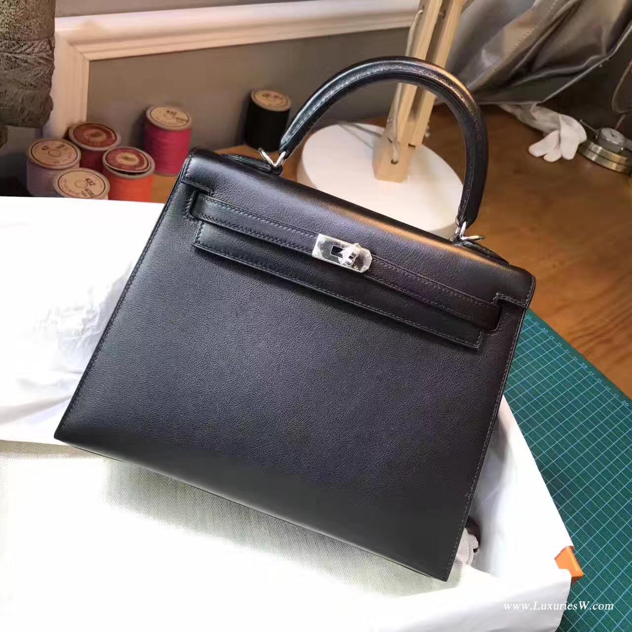 愛馬仕凱莉包Hermes Kelly Evercolor 25 外縫CK89 Nior黑色銀色金屬