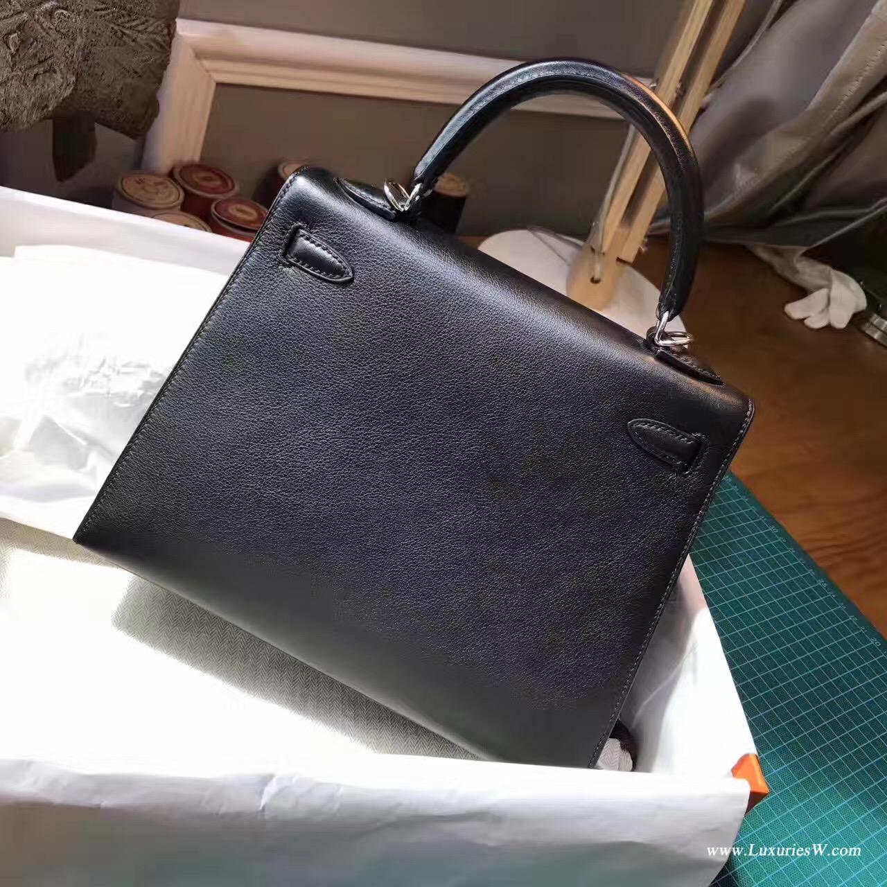 愛馬仕凱莉包Hermes Kelly Evercolor 25 外縫CK89 Nior黑色銀色金屬