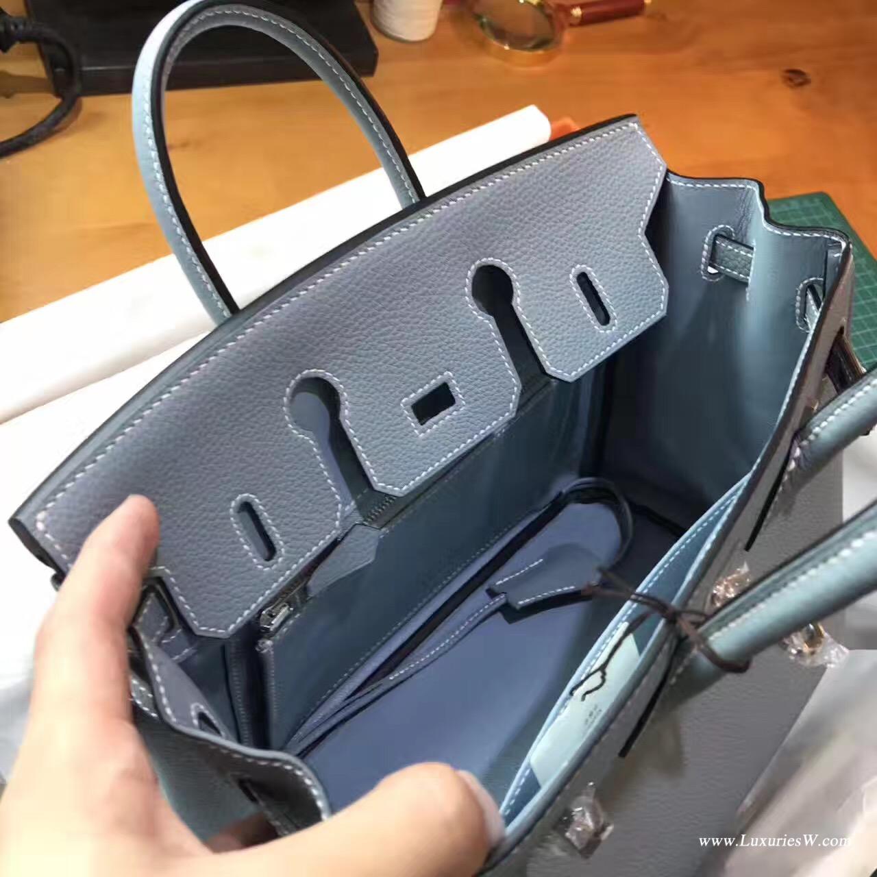 愛馬仕Hermes Birkin 25 togo J7 Blue Lin亞麻藍色 銀色金屬扣