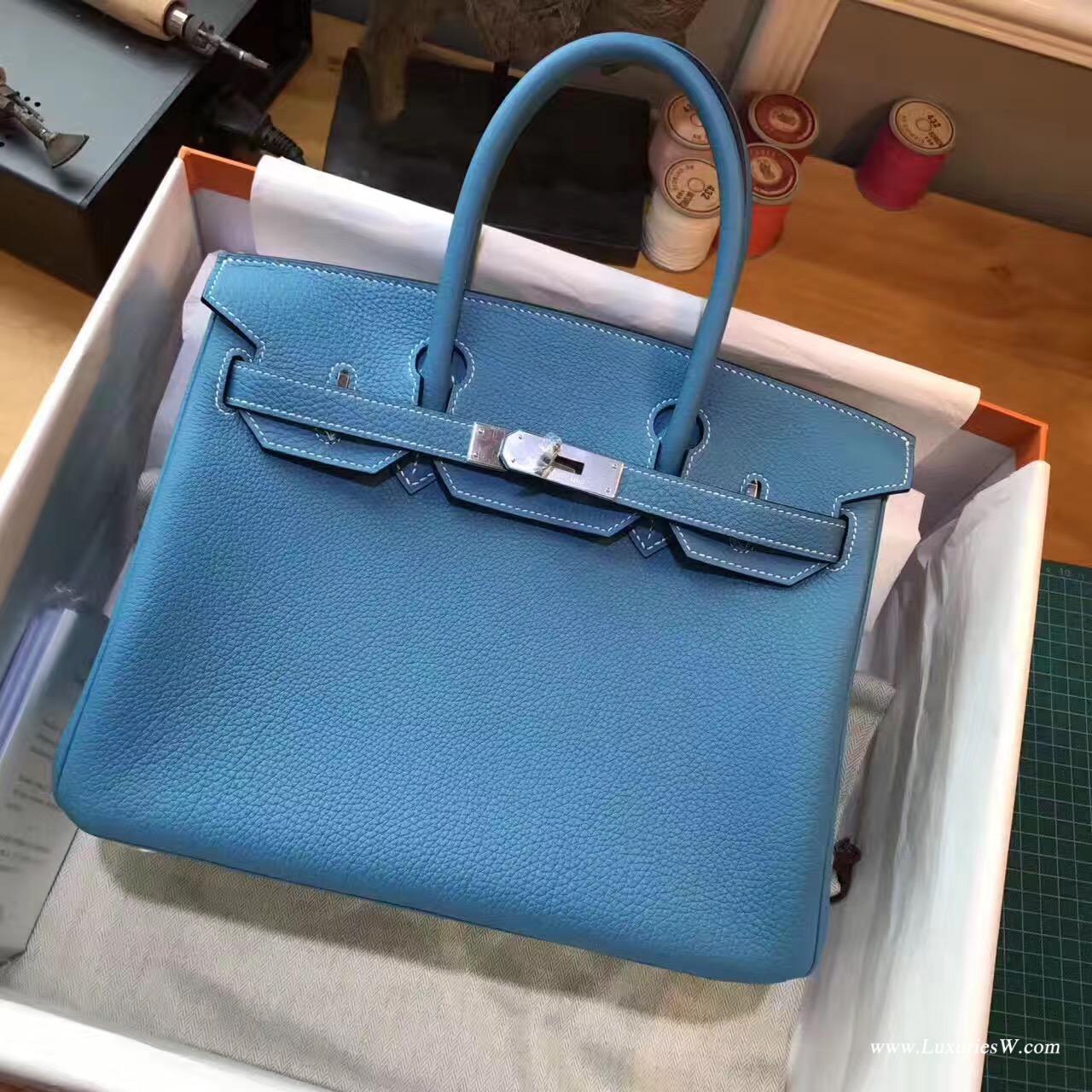 愛馬仕Hermes 鉑金包Birkin 30 togo 松石藍 銀色金屬五金