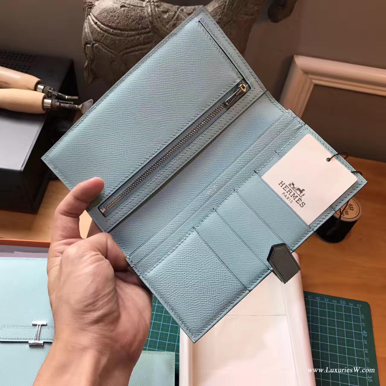 香港黃大仙區慈雲山 愛馬仕長款錢包 Hermes Bearn wallet Epsom 3P Blue Atoll 马卡龙蓝