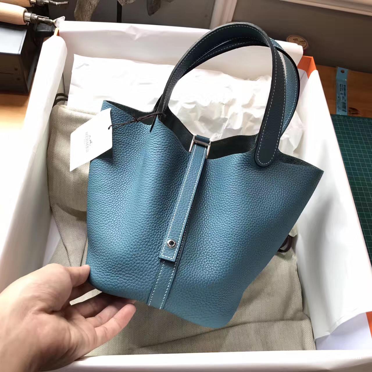 愛馬仕Hermes 鎖頭包Picotin Lock 18cm 菜篮子 牛仔蓝CK75 Blue Jean