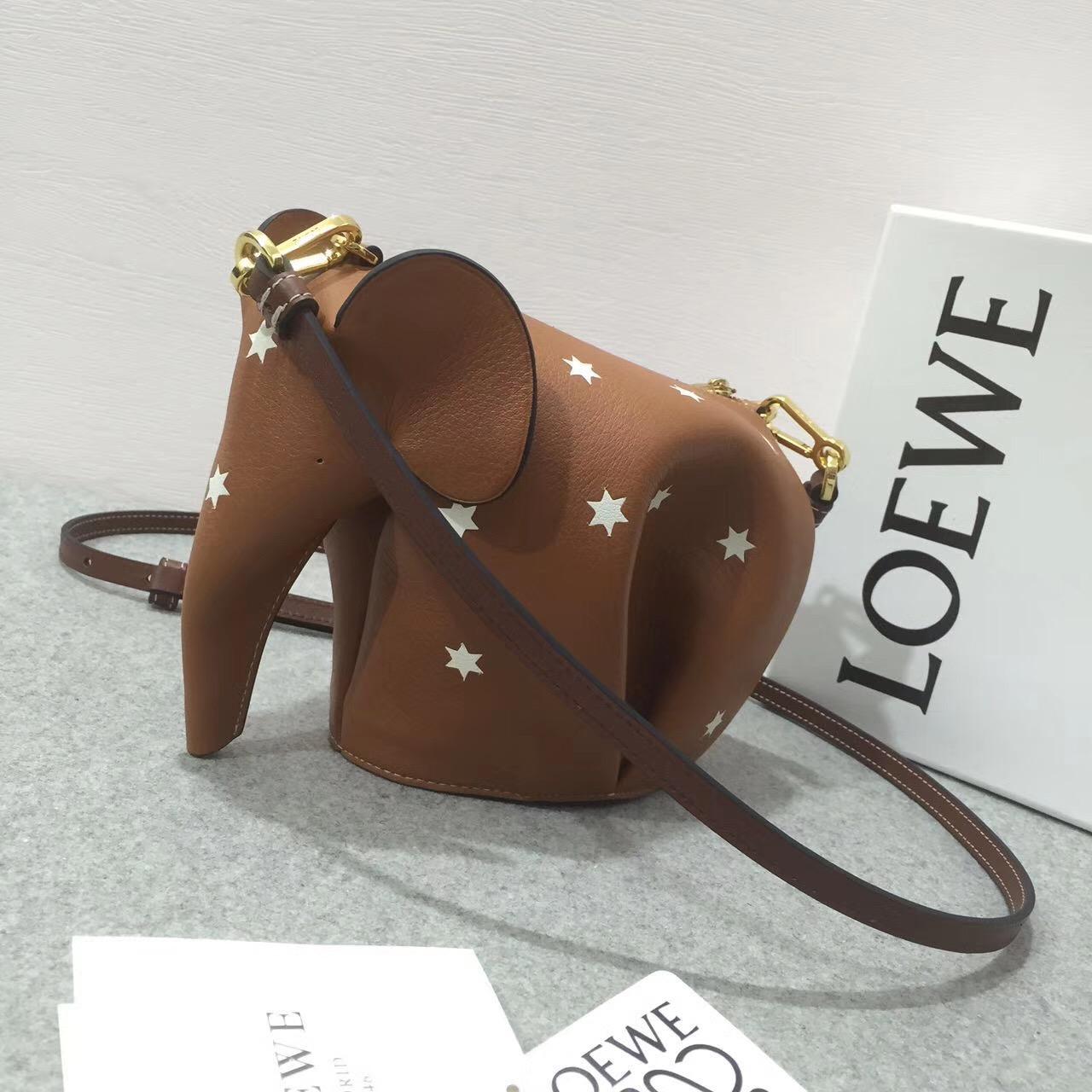 Loewe Elephant Mini Bag Silver 棕色配白色星星 小牛皮