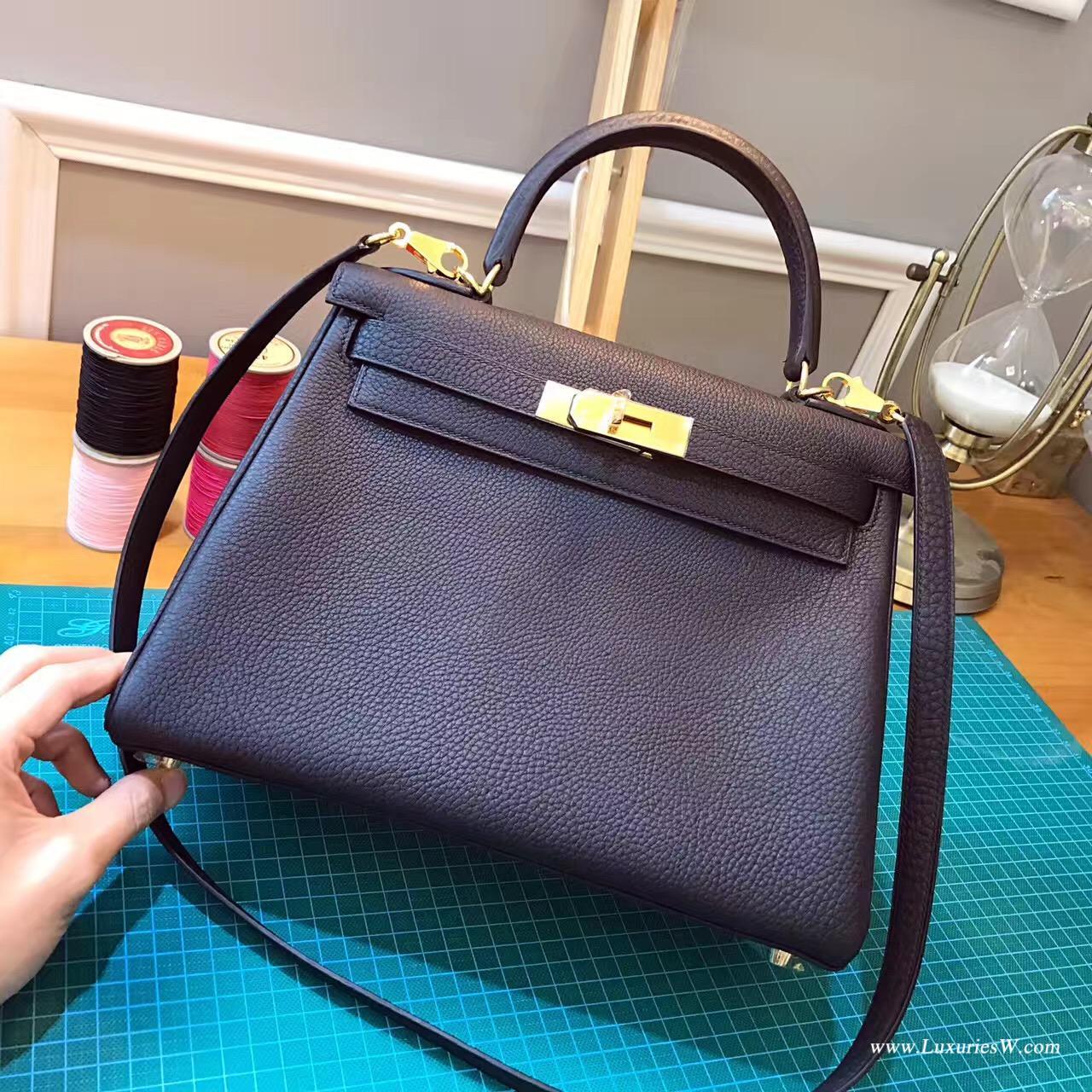 愛馬仕Hermes Kelly 28 togo 內縫黑色 經典顏色之壹 金扣金屬五金