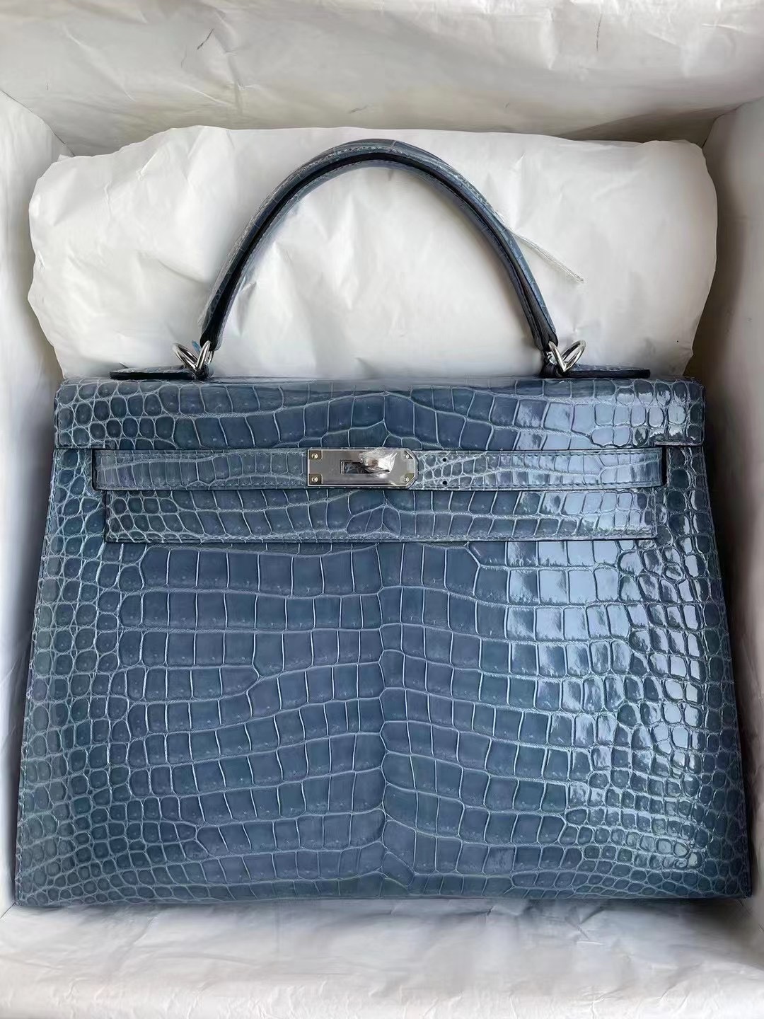 Hermes Kelly 32cm 75 Blue Jean 牛仔藍 亮面倒V 澳洲灣鱷  銀扣