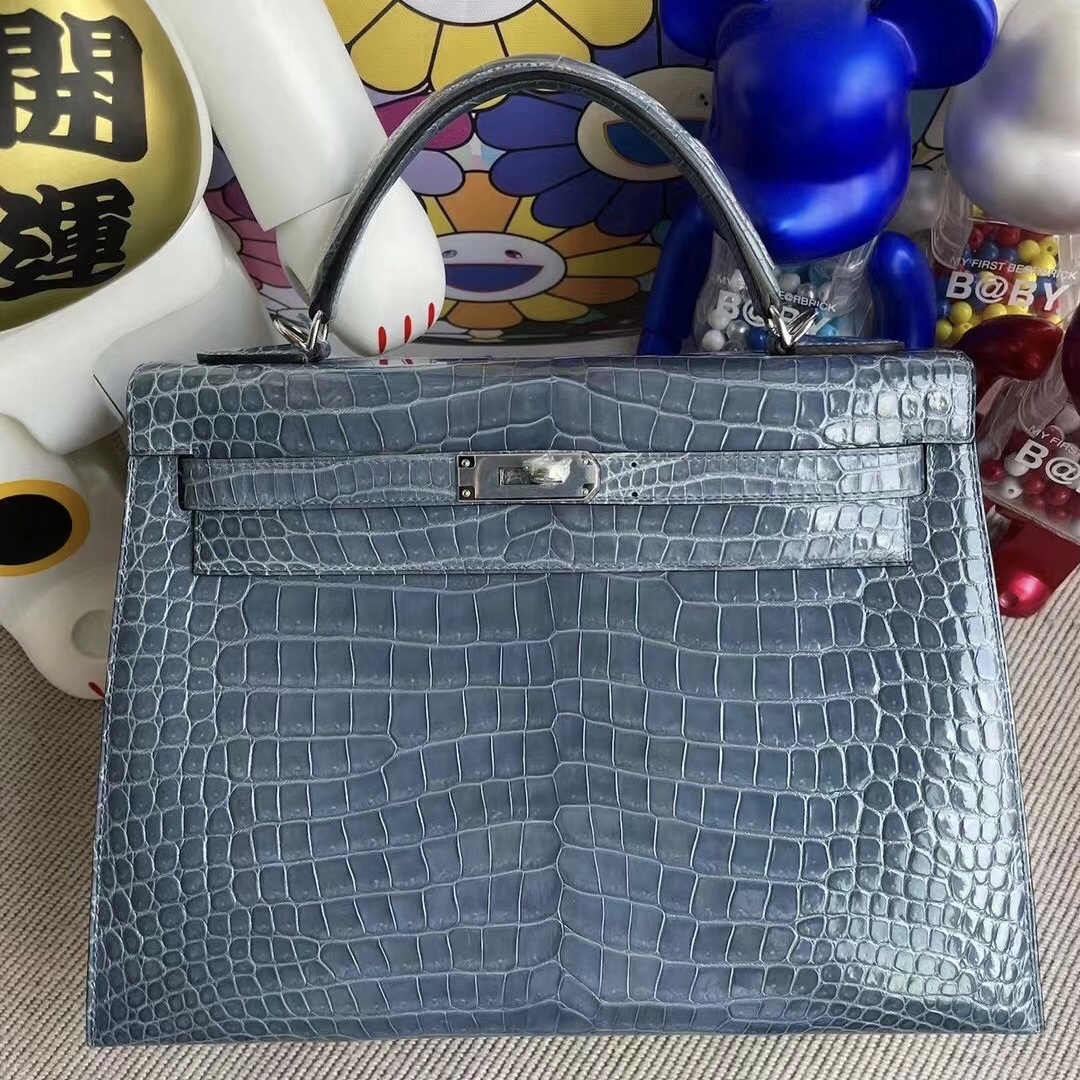 Hermes Kelly 32cm 75 Blue Jean 牛仔藍 亮面倒V 澳洲灣鱷  銀扣