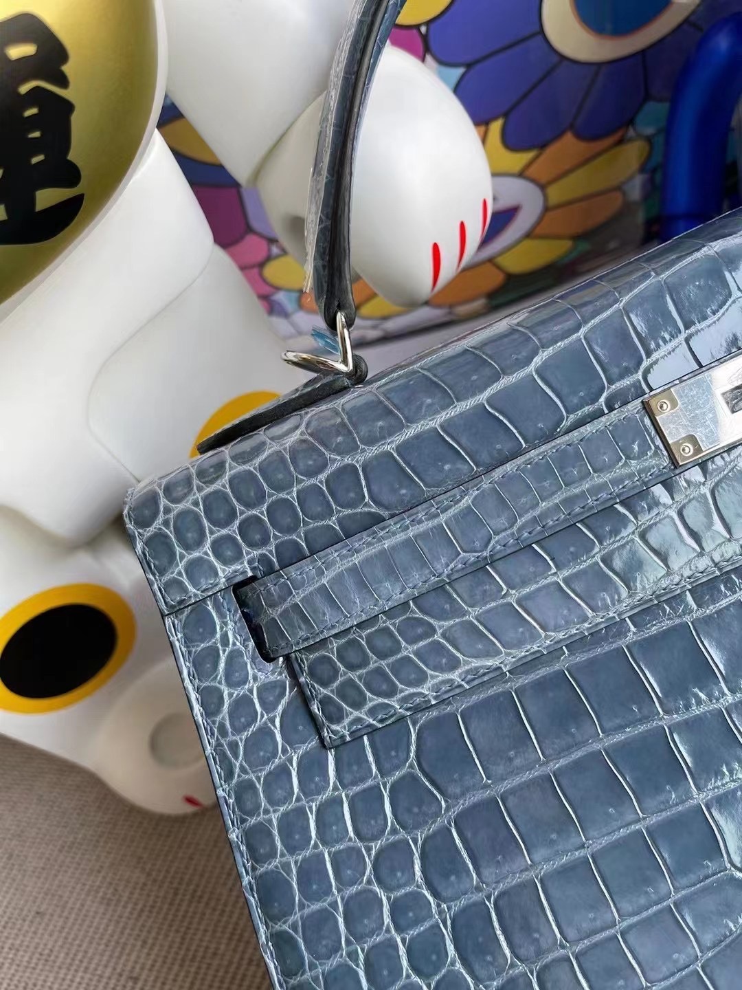 Hermes Kelly 32cm 75 Blue Jean 牛仔藍 亮面倒V 澳洲灣鱷  銀扣