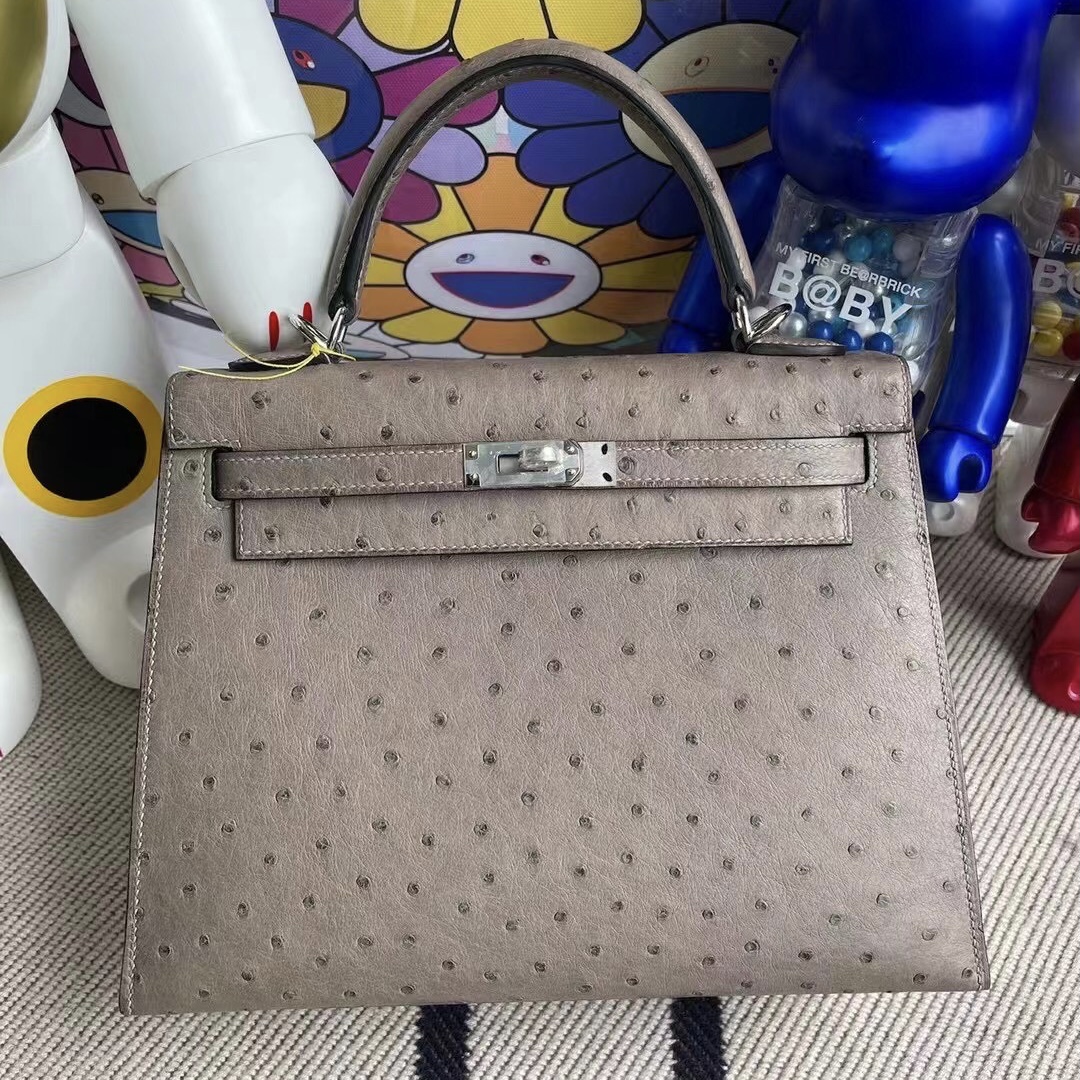 Hermes Kelly 25cm Ostrich 原廠KK 南非鴕鳥皮 M8 瀝青灰 Griss Asphalte 銀扣