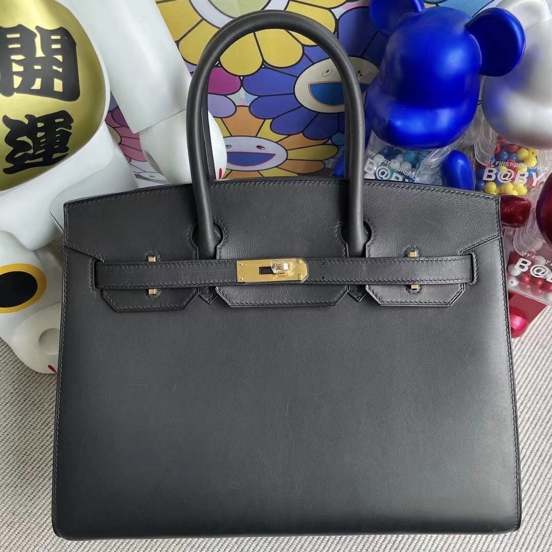 Hermes Birkin 30cm Sellier 外縫 Barenia Natural 馬鞍皮 89 Noir 黑色 金扣