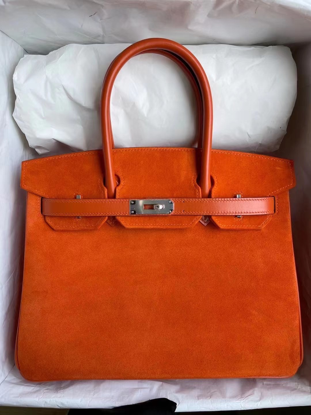 Hermes Birkin 30 Doblis Suede麂皮絨面小山羊皮 拼 box  93 Orange 橙色 銀扣