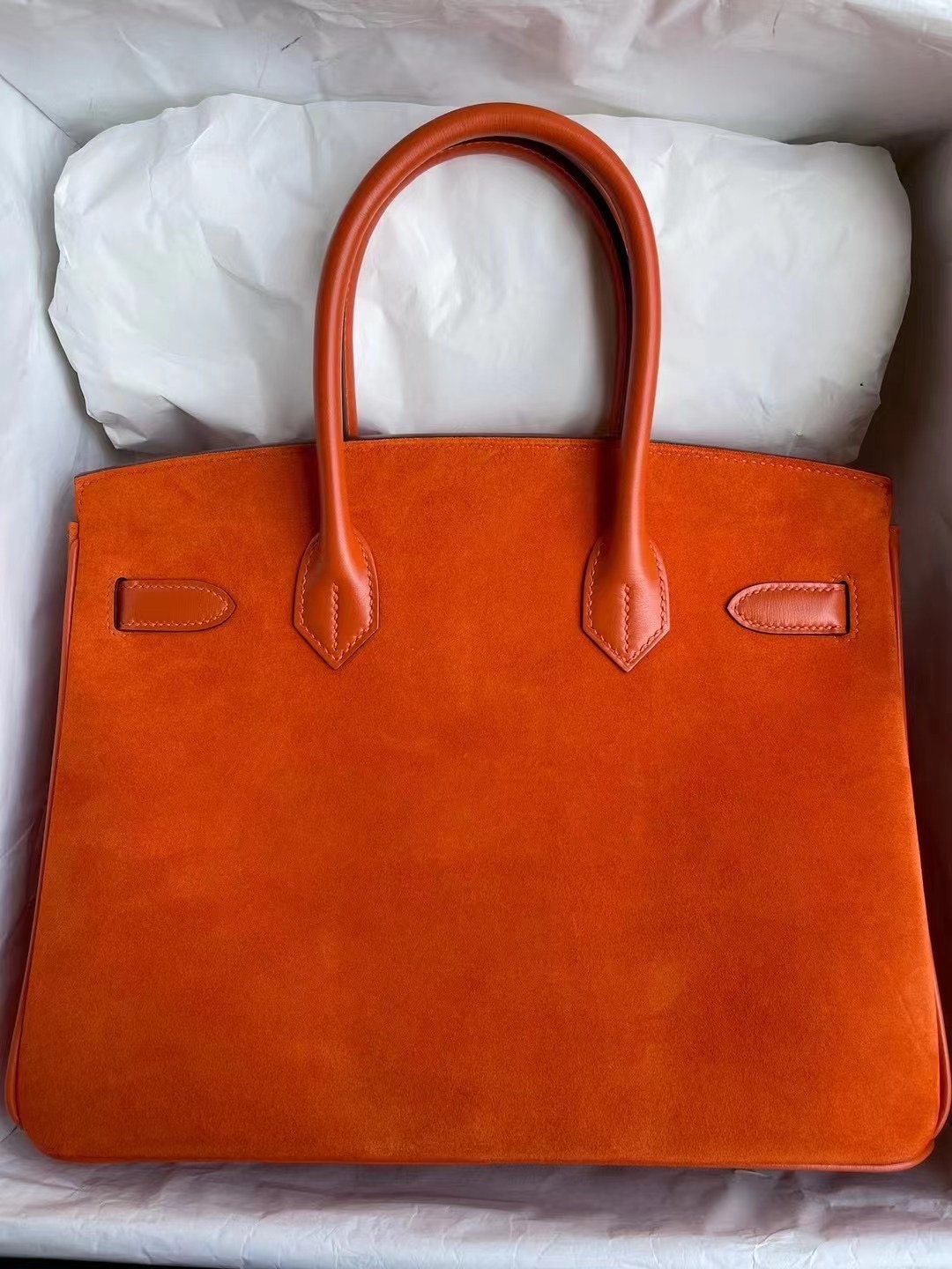 Hermes Birkin 30 Doblis Suede麂皮絨面小山羊皮 拼 box  93 Orange 橙色 銀扣