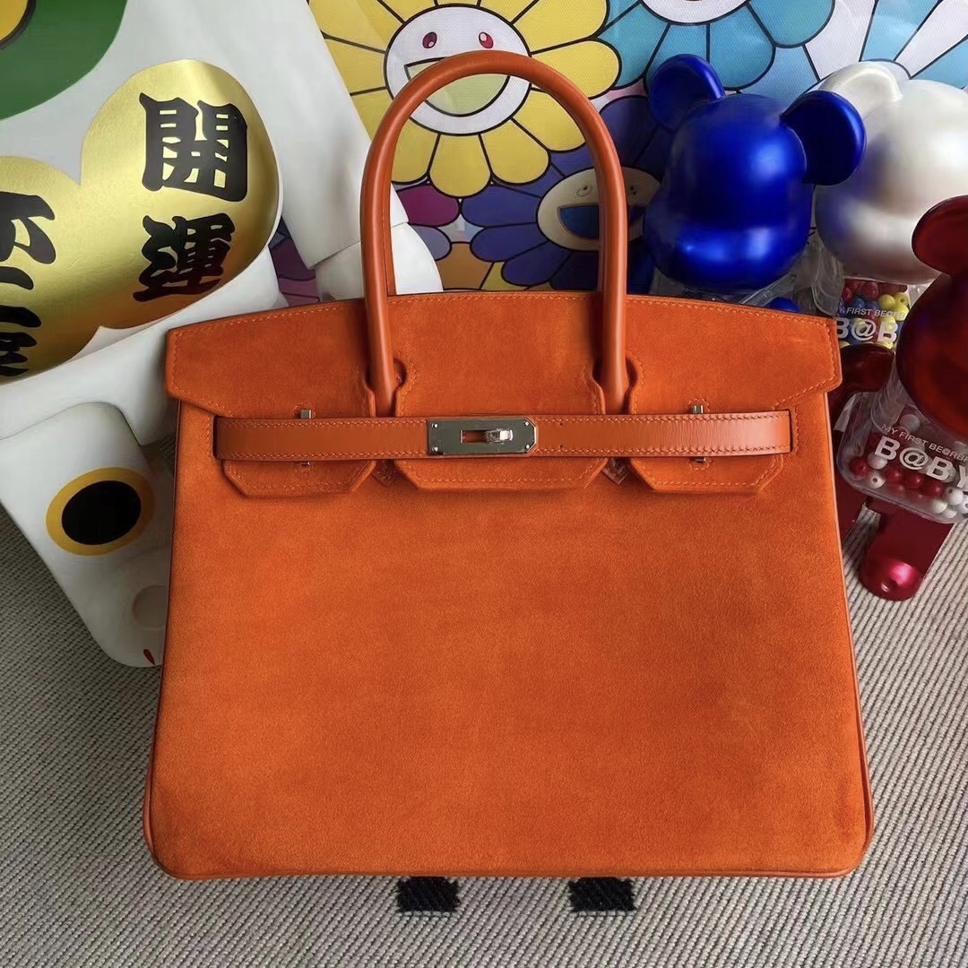 Hermes Birkin 30 Doblis Suede麂皮絨面小山羊皮 拼 box  93 Orange 橙色 銀扣