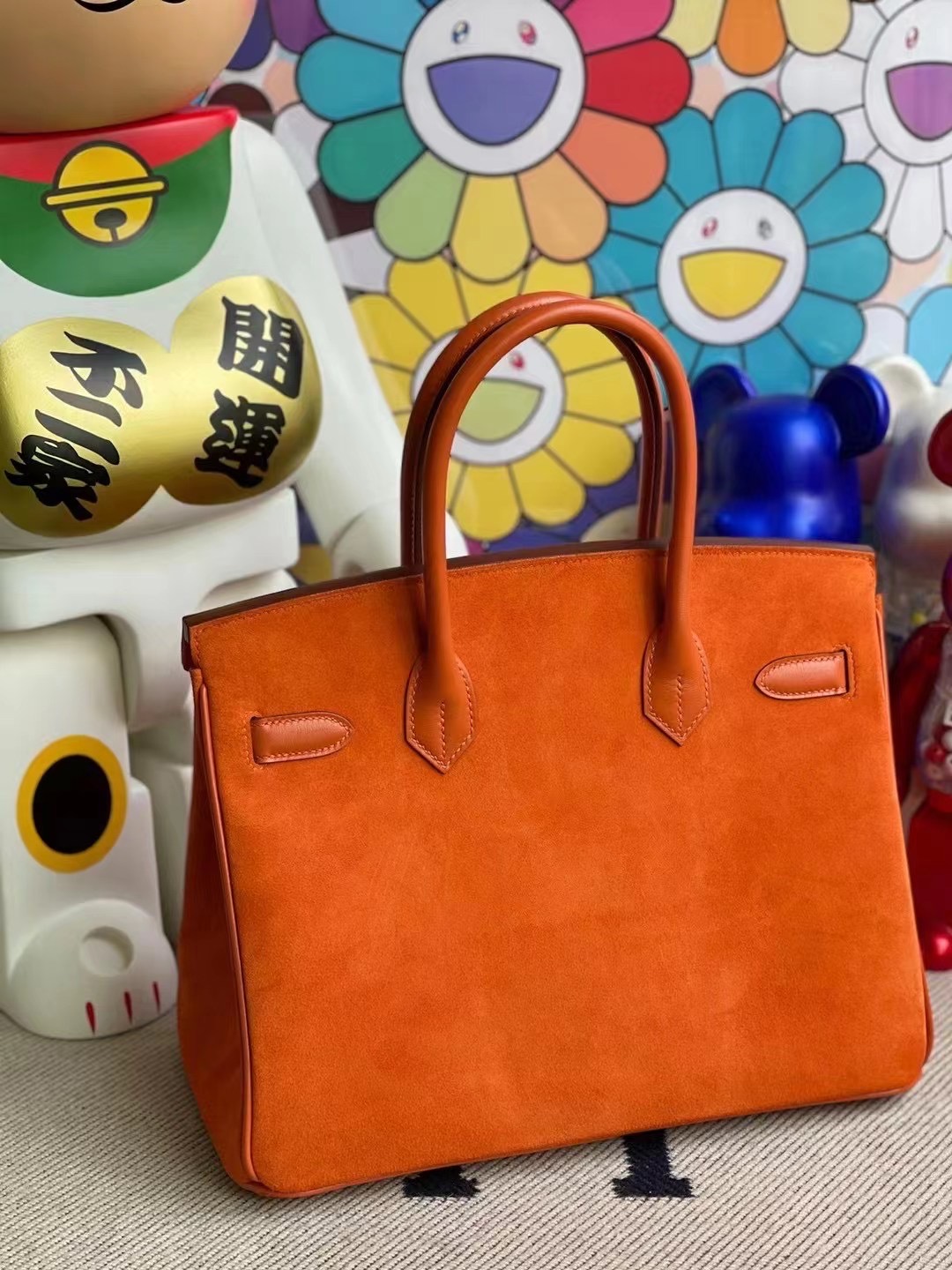 Hermes Birkin 30 Doblis Suede麂皮絨面小山羊皮 拼 box  93 Orange 橙色 銀扣