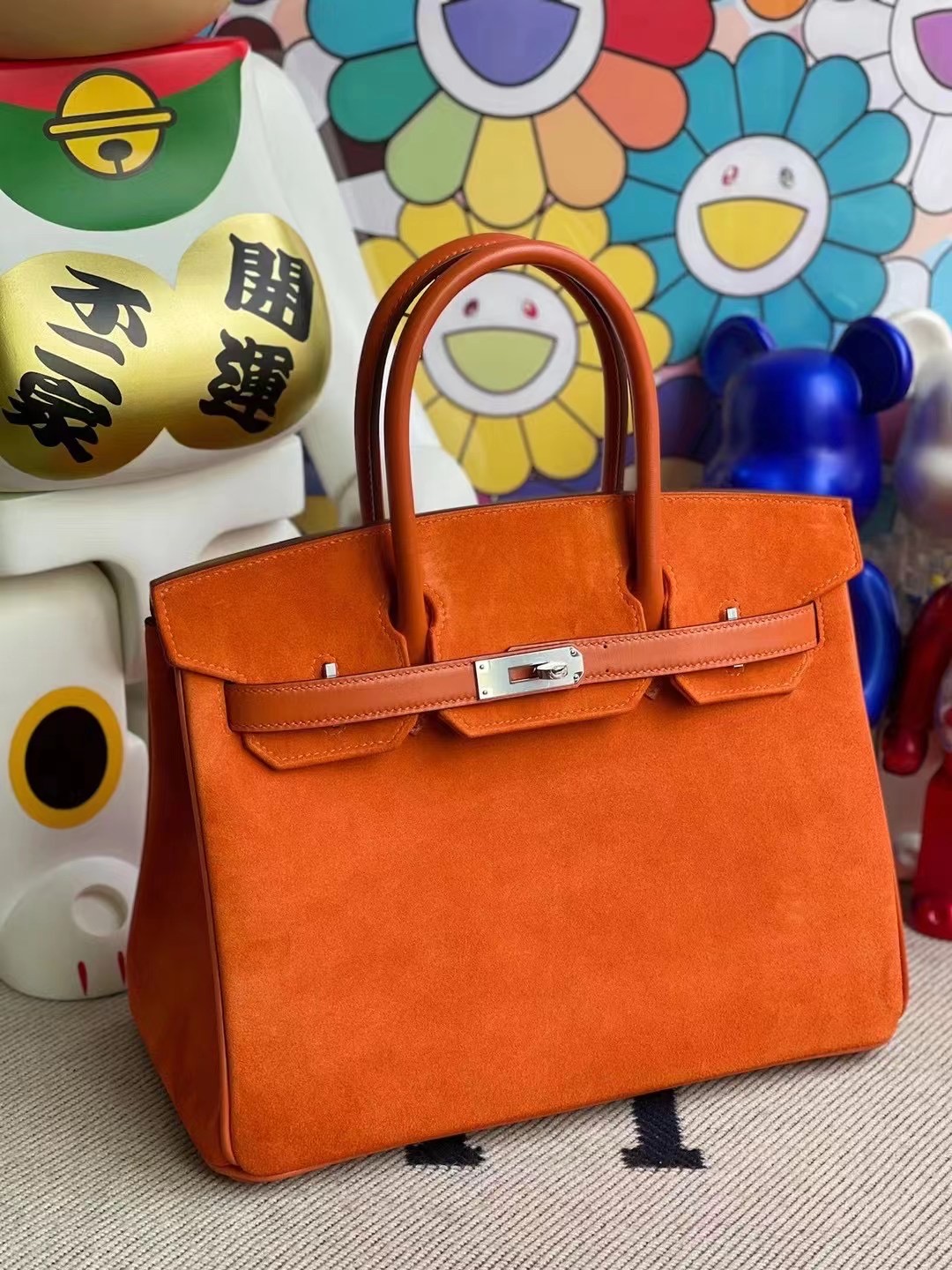 Hermes Birkin 30 Doblis Suede麂皮絨面小山羊皮 拼 box  93 Orange 橙色 銀扣