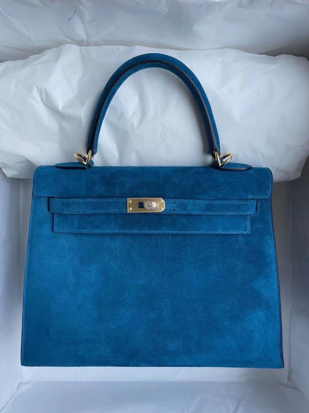 愛馬仕凱莉包 Hermes Kelly 25 Doblis Suede 麂皮絨面 7W 伊茲密爾藍 Blue Izmir 金扣