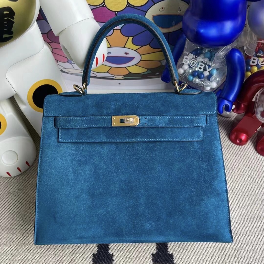 愛馬仕凱莉包 Hermes Kelly 25 Doblis Suede 麂皮絨面 7W 伊茲密爾藍 Blue Izmir 金扣