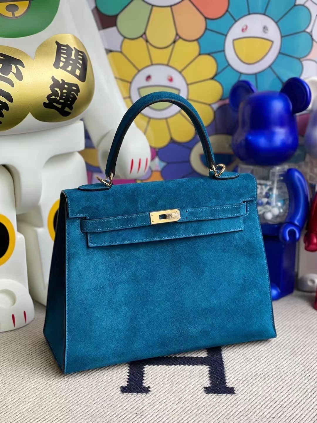 愛馬仕凱莉包 Hermes Kelly 25 Doblis Suede 麂皮絨面 7W 伊茲密爾藍 Blue Izmir 金扣