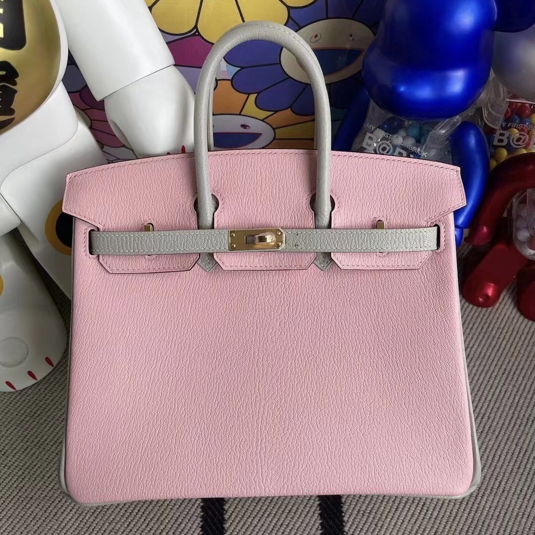 愛馬仕女包鉑金包 Hermes Birkin 25 HSS 山羊皮 3Q Rose Sakura 80 Gris Perle 金扣