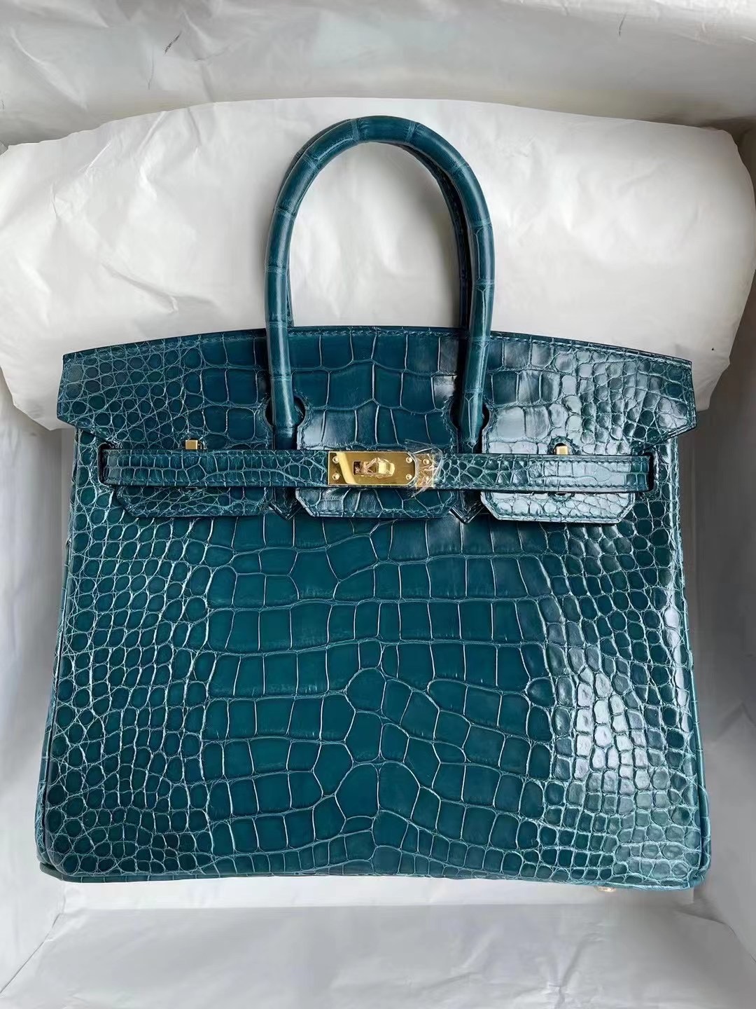 愛馬仕鉑金女包多少錢 Hermes Birkin 25 W0 Vert Bosphore 博斯普魯斯綠美洲鱷魚