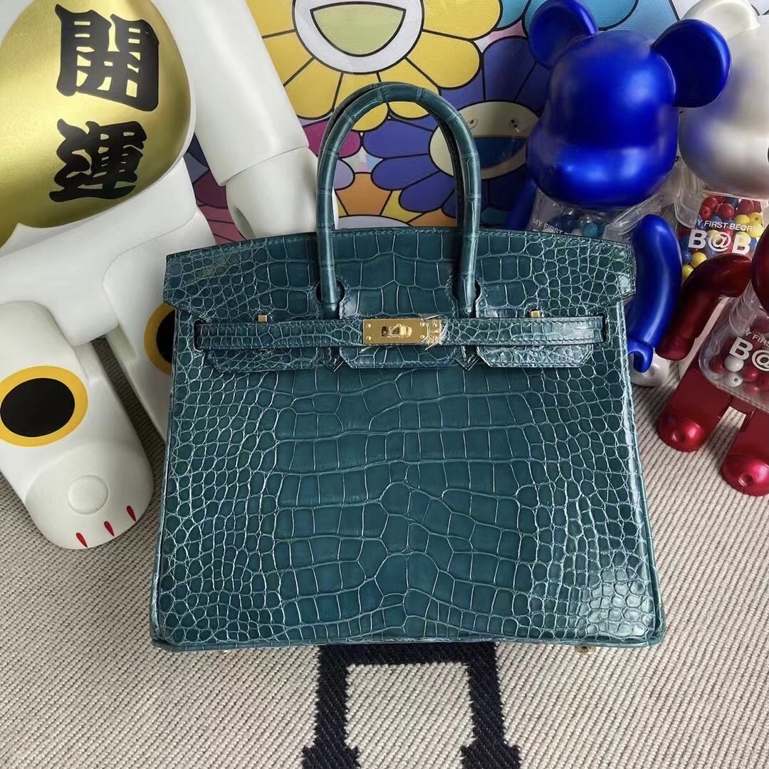 愛馬仕鉑金女包多少錢 Hermes Birkin 25 W0 Vert Bosphore 博斯普魯斯綠美洲鱷魚