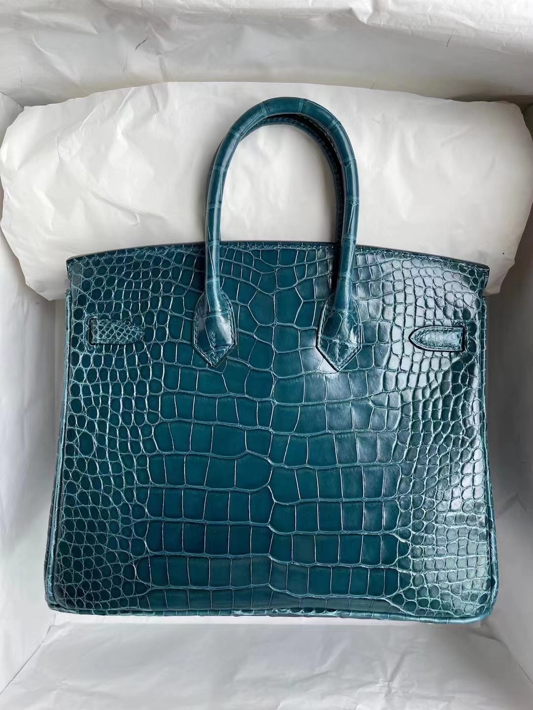 愛馬仕鉑金女包多少錢 Hermes Birkin 25 W0 Vert Bosphore 博斯普魯斯綠美洲鱷魚