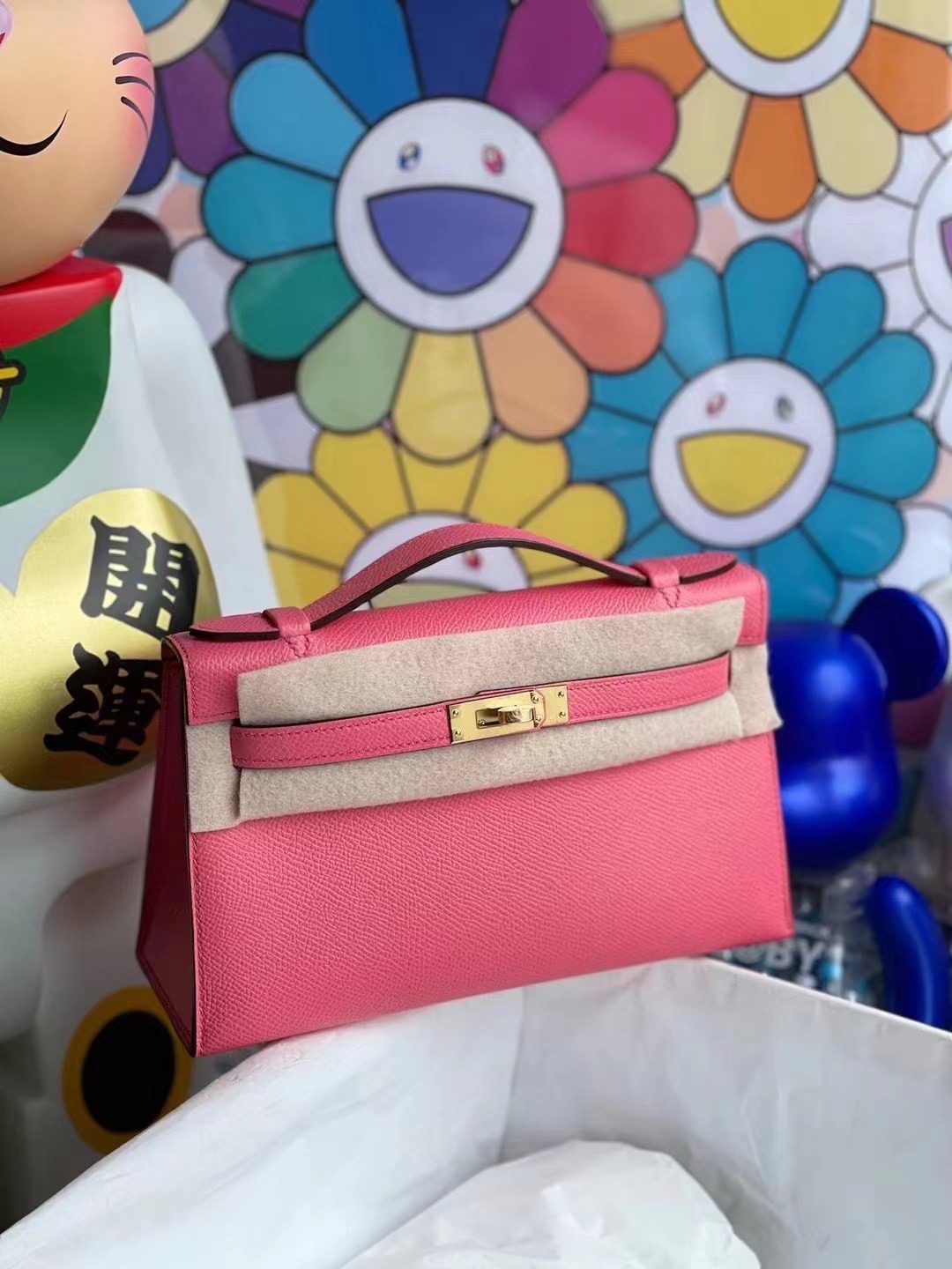 Hermes MiniKelly Pochette Epsom 8W Rose Azalee 新唇膏粉 金扣