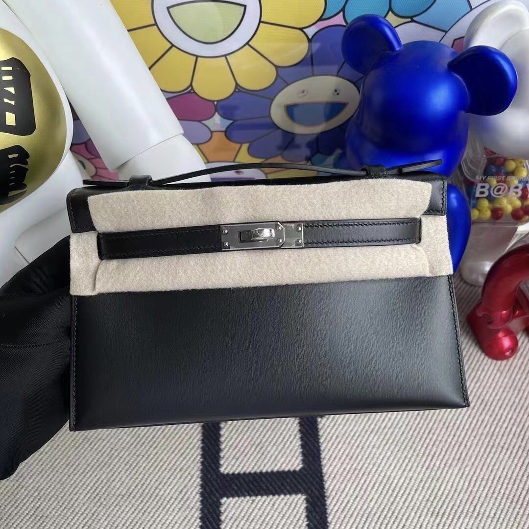 愛馬仕迷你凱莉包價格 Hermes MiniKelly Pochette Box CK89 Noir黑色银扣