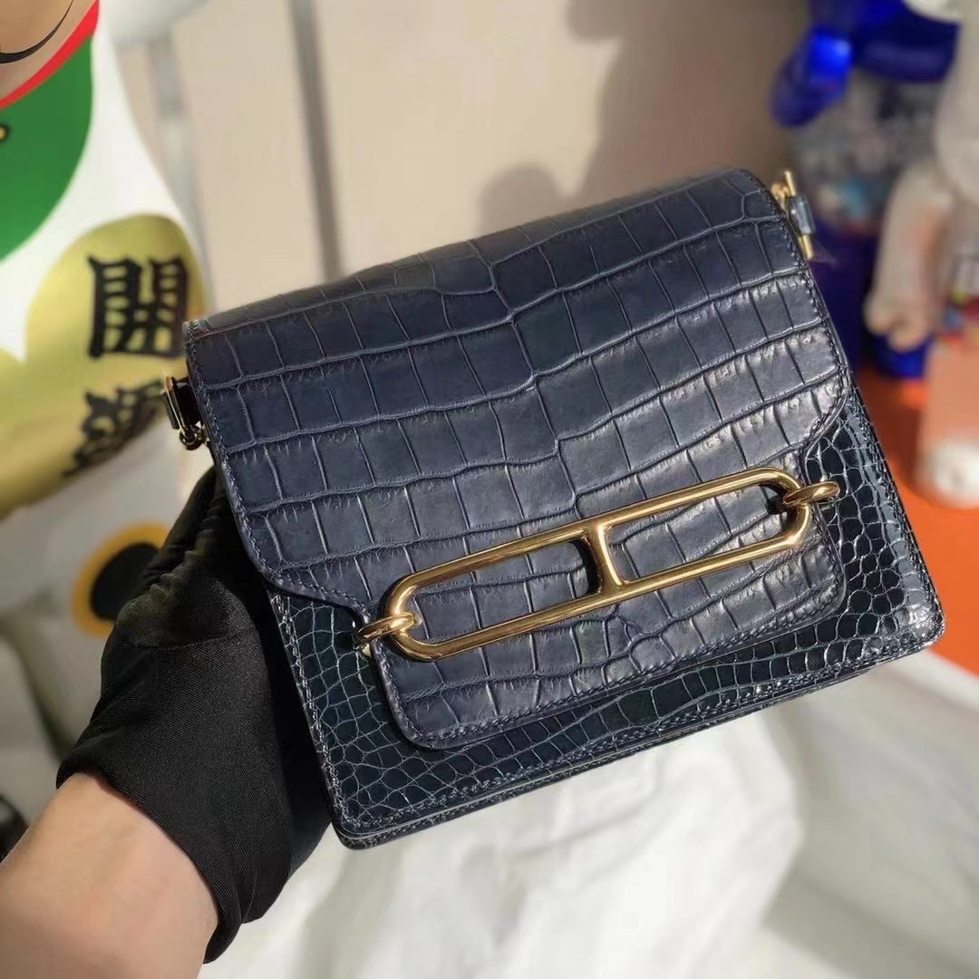 Hermes Roulis Mini 7L Blue de 馬耳他藍拼76 blue indgo深海藍金扣